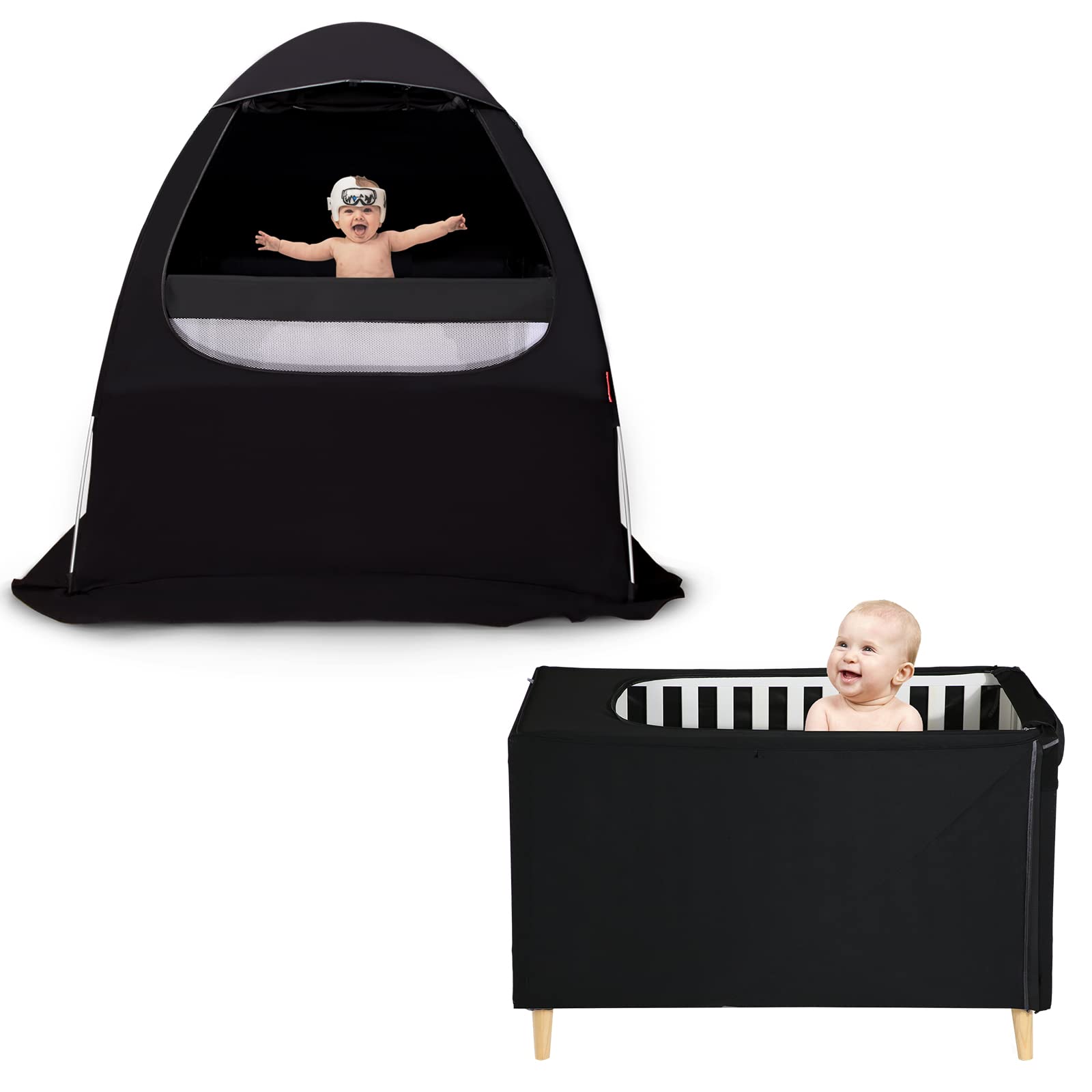 YAVIL Baby Blackout Cover - 2 Types, Portable Aluminum Pole Pack N Play Blackout Tent, Breathable Stretchy Crib Canopy for Indoor & Outdoor Sleeping, Travel, Camping, and Playtime (Black)