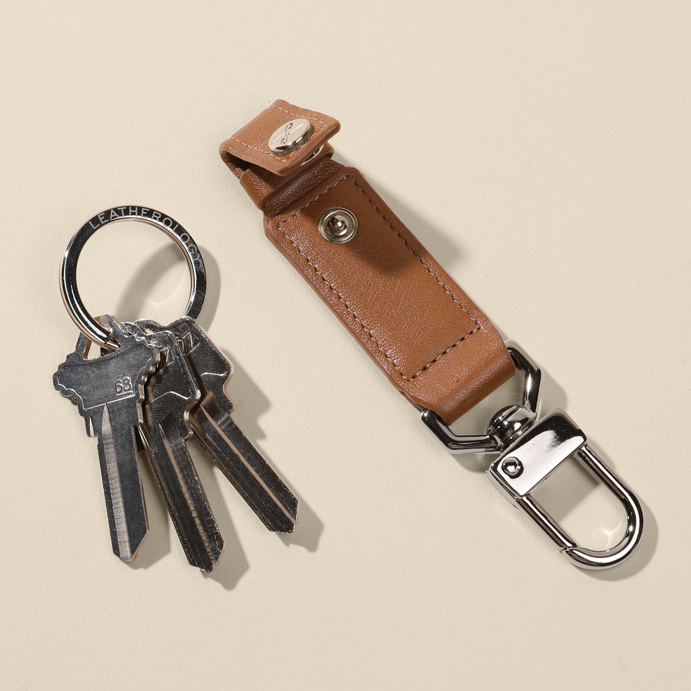 Premium Leather Valet Snap Keychain in Cognac - Stylish & Durable Key Organizer for Home, Office, and Travel Accessories