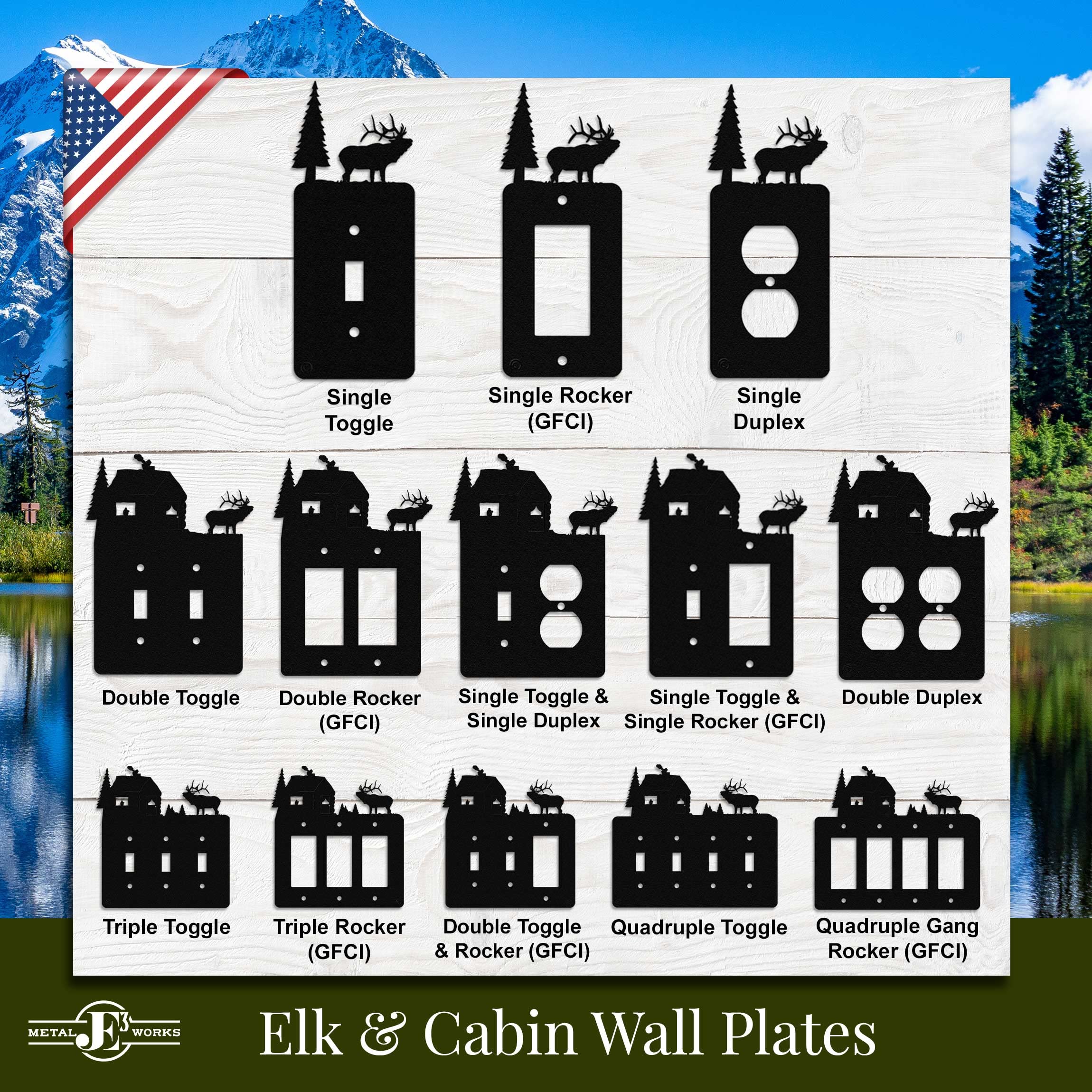 Elk & Cabin Double Duplex Power Outlet Wall Plate - 2 USB Ports & 4 AC Outlets, Black - Made in USA - Perfect for Home Office, Bedroom, and Kitchen Electrical Needs