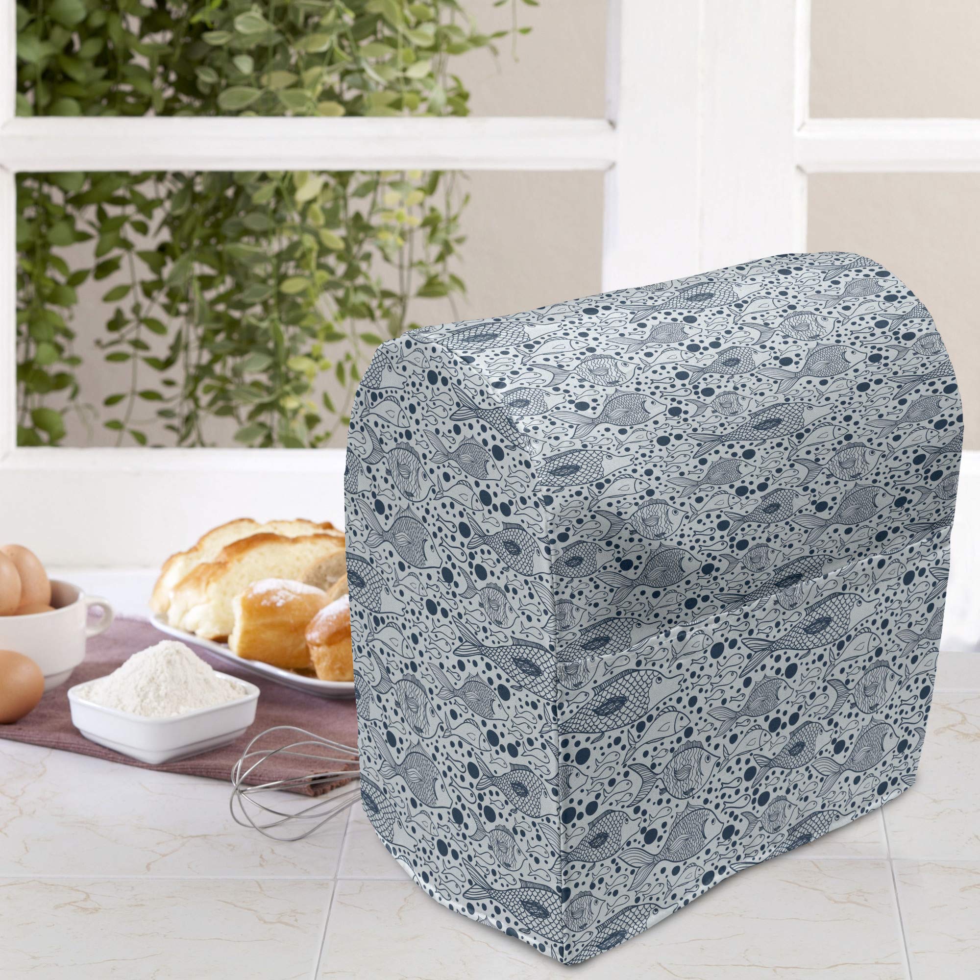 Ambesonne Blue Stand Mixer Cover - Fish with Bubbles Underwater Sea Life Art Design, Kitchen Appliance Organizer with Pocket for 6-8 Quart Mixers - Perfect for Baking & Cooking Protection (Blue)