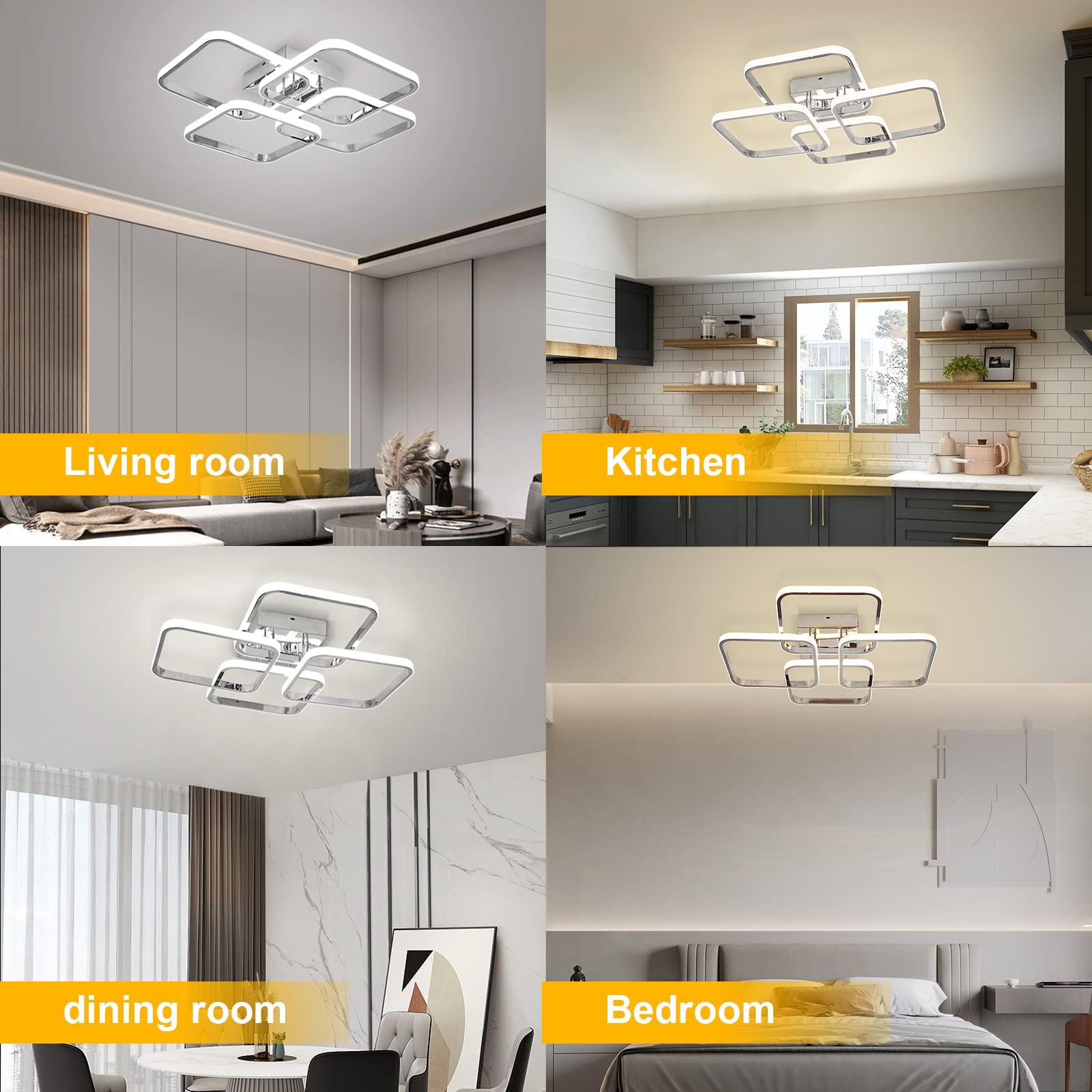 Dimmable Modern 4-Ring Square LED Ceiling Light with Remote Control - 48W Chrome Acrylic Lighting Fixture for Living Room, Dining Room, Kitchen & Office - Perfect for Ambient Lighting and Home Decor
