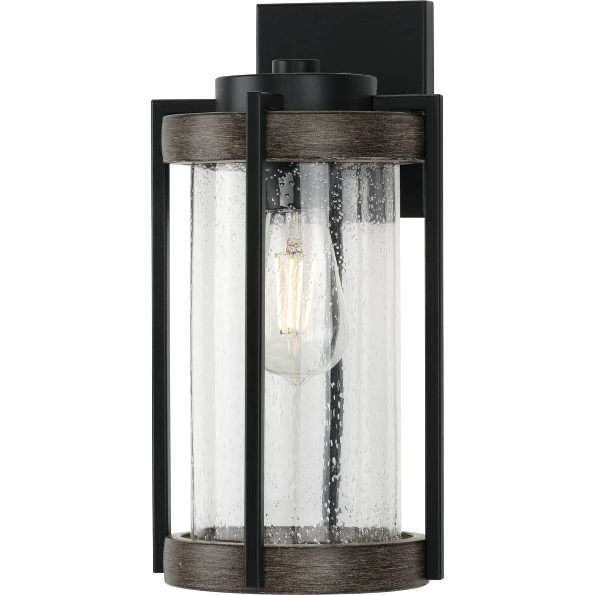 Whitmire Collection 1-Light Clear Seeded Glass Farmhouse Outdoor Wall Lantern with Aged Oak Accents in Matte Black - Perfect for Porch, Patio, Garden, and Entryway Lighting