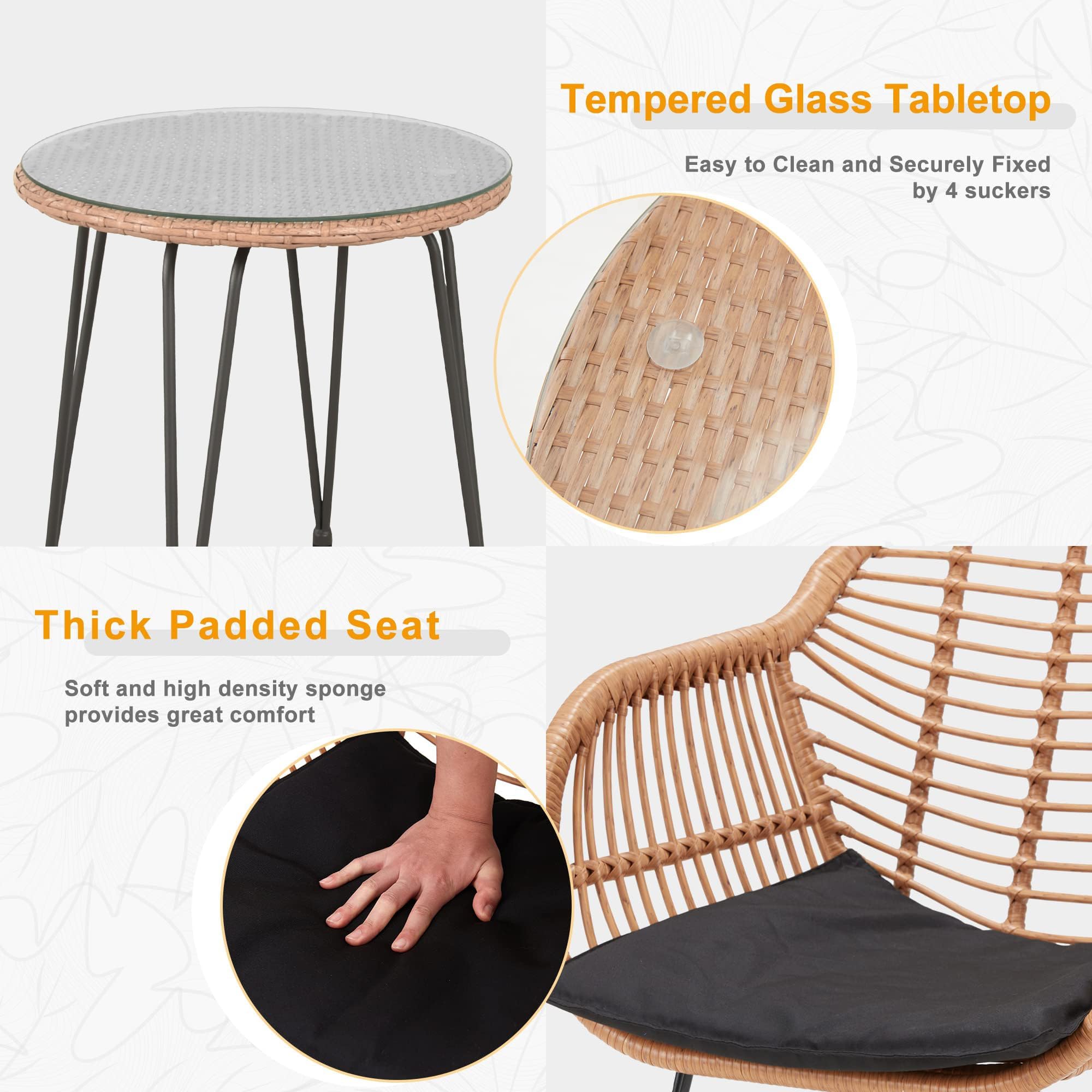 3-Piece Outdoor Wicker Patio Bistro Set - Rattan Conversation Furniture for Balcony, Porch, Poolside & Garden - Weather-Resistant Black Wicker Chairs & Table - Perfect for Outdoor Dining, Lounging and Entertaining Guests