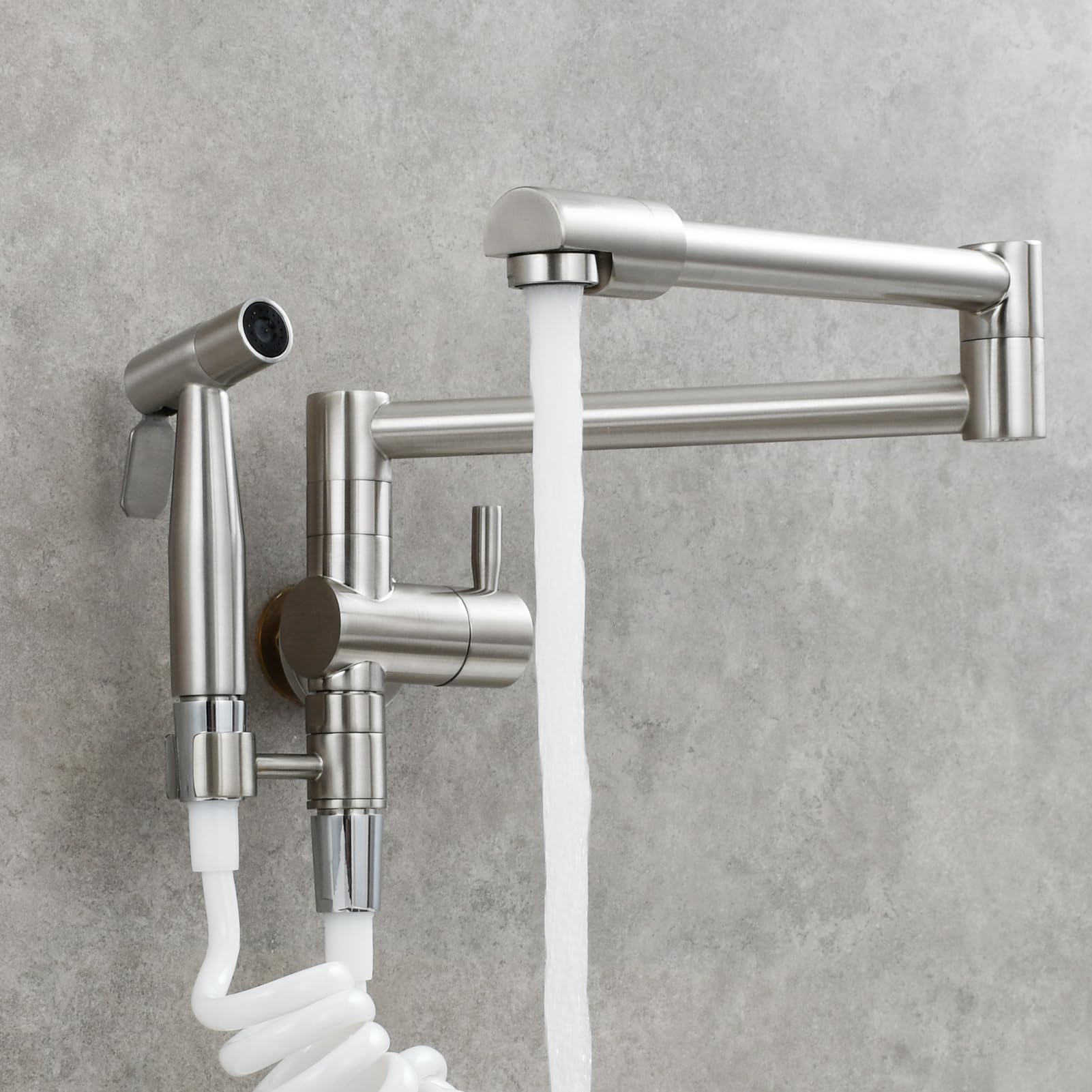Brass Wall Mount Pot Filler Faucet - Single Hole Folding Stretchable Kitchen Sink Faucet with Sprayer in Brushed Nickel (CT169NA) - Perfect for Cooking, Filling Large Pots & Easy Kitchen Cleanup