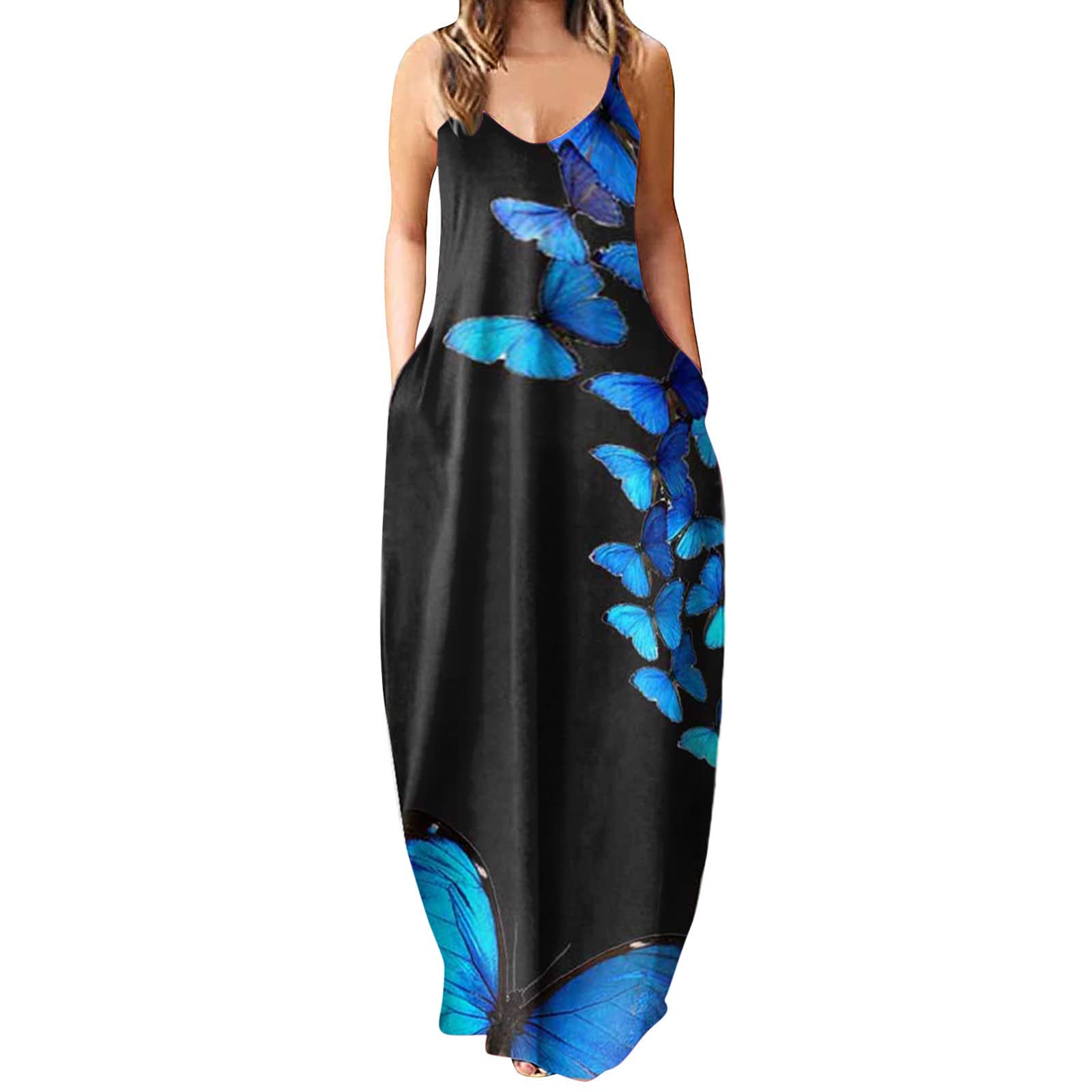 Women's Summer Casual V-Neck Loose Comfortable Beach Sundress with Pockets - Perfect for Vacation, Poolside, and Outdoor Activities