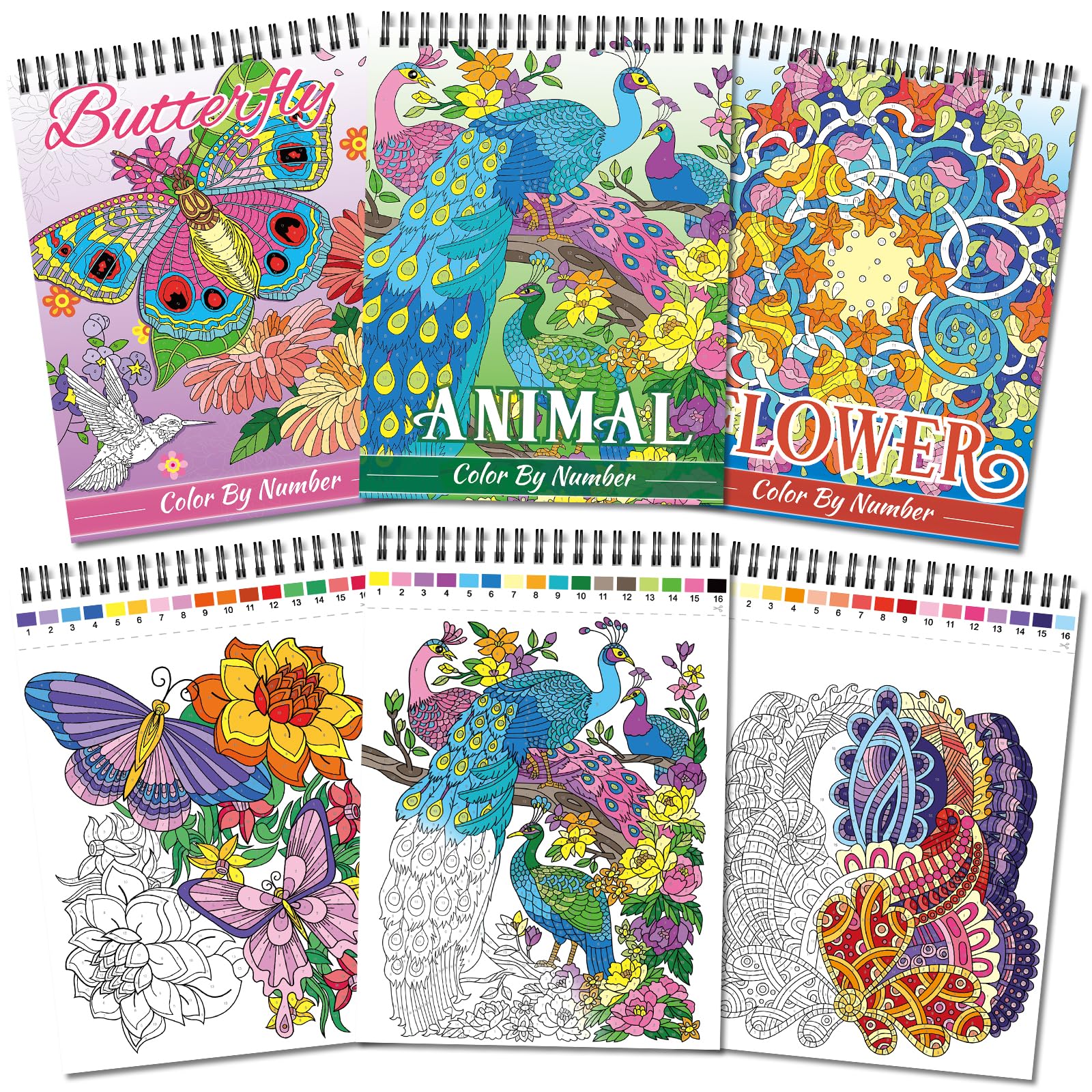 Kalysky Relaxation Adult Coloring Books - Color by Numbers Set of 3 | Floral, Butterfly & Animal Themed Stress Relief Coloring Books for Women & Adults | Perfect for Meditation, Art Therapy & Mindfulness Practice