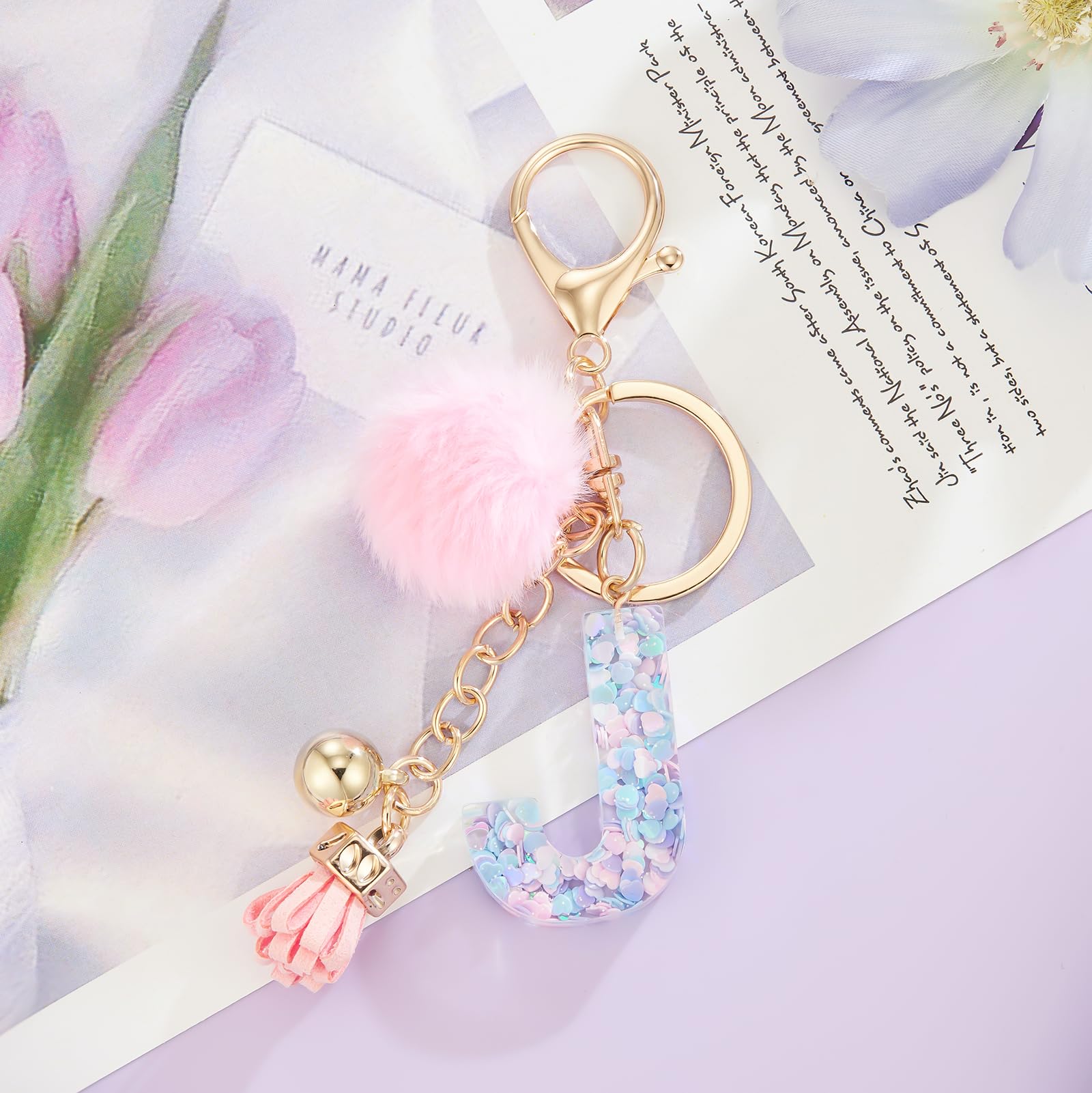 Custom Resin Alphabet Initial Letter Keychain for Women - Personalized Keyring with Soft Fur Pom Pom for Handbags, Purses & Backpacks - Perfect Gift for Birthdays, Anniversaries & Travel Accessories