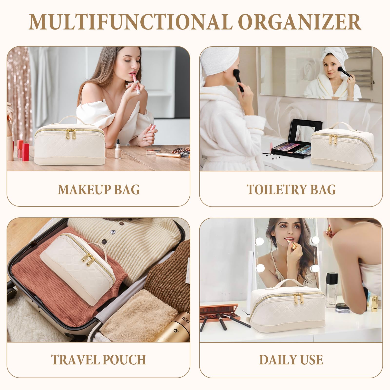 Large Capacity Travel Makeup Bag for Women - PU Leather Checkered Cosmetic Organizer with Handle & Divider | Perfect for Vacation, Gym & Daily Use (Beige)