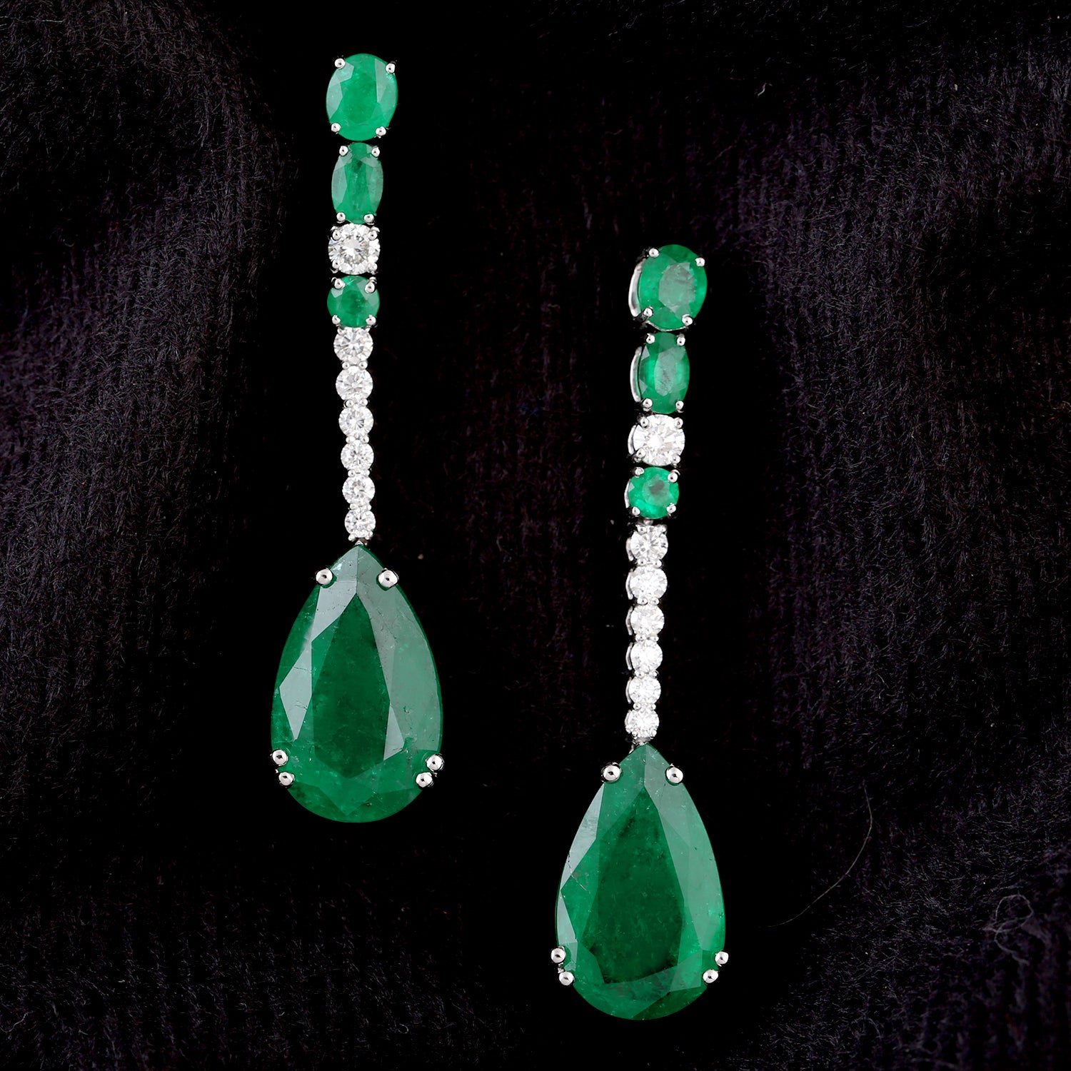 18K White Gold Emerald Gemstone Pave Diamond Long Drop Dangle Earrings for Women - Elegant Evening Wear & Special Occasion Jewelry Gift