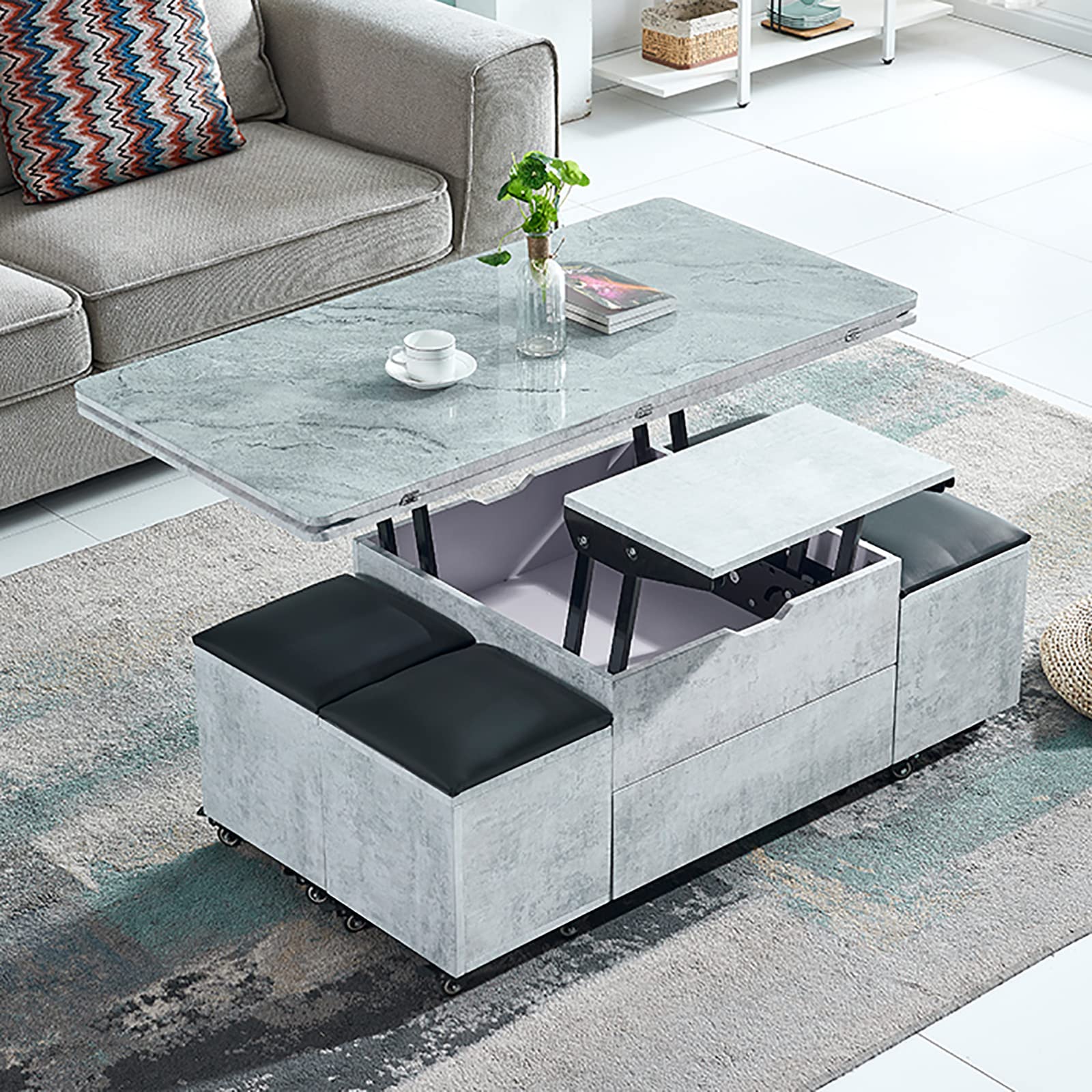 CAYJ Lift-Top Coffee Table with Hidden Storage & 4 Stools - Multifunctional Living Room & Dining Table in Grey with Orange Stitching - Perfect for Small Spaces, Home Office, and Entertaining Guests
