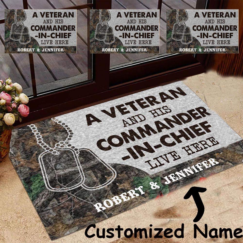 Custom Personalized Veteran Camo Couple Doormat - Welcome Mat for Military Families - 'A Veteran & His Commander-in-Chief Live Here' - Perfect for Front Door Entryway, Housewarming Gift & Patriotic Home Decor