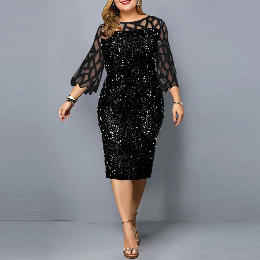 Plus Size Sequin Formal Party Dress for Women - Elegant Midi Evening Gown for Prom, Wedding & Special Occasions