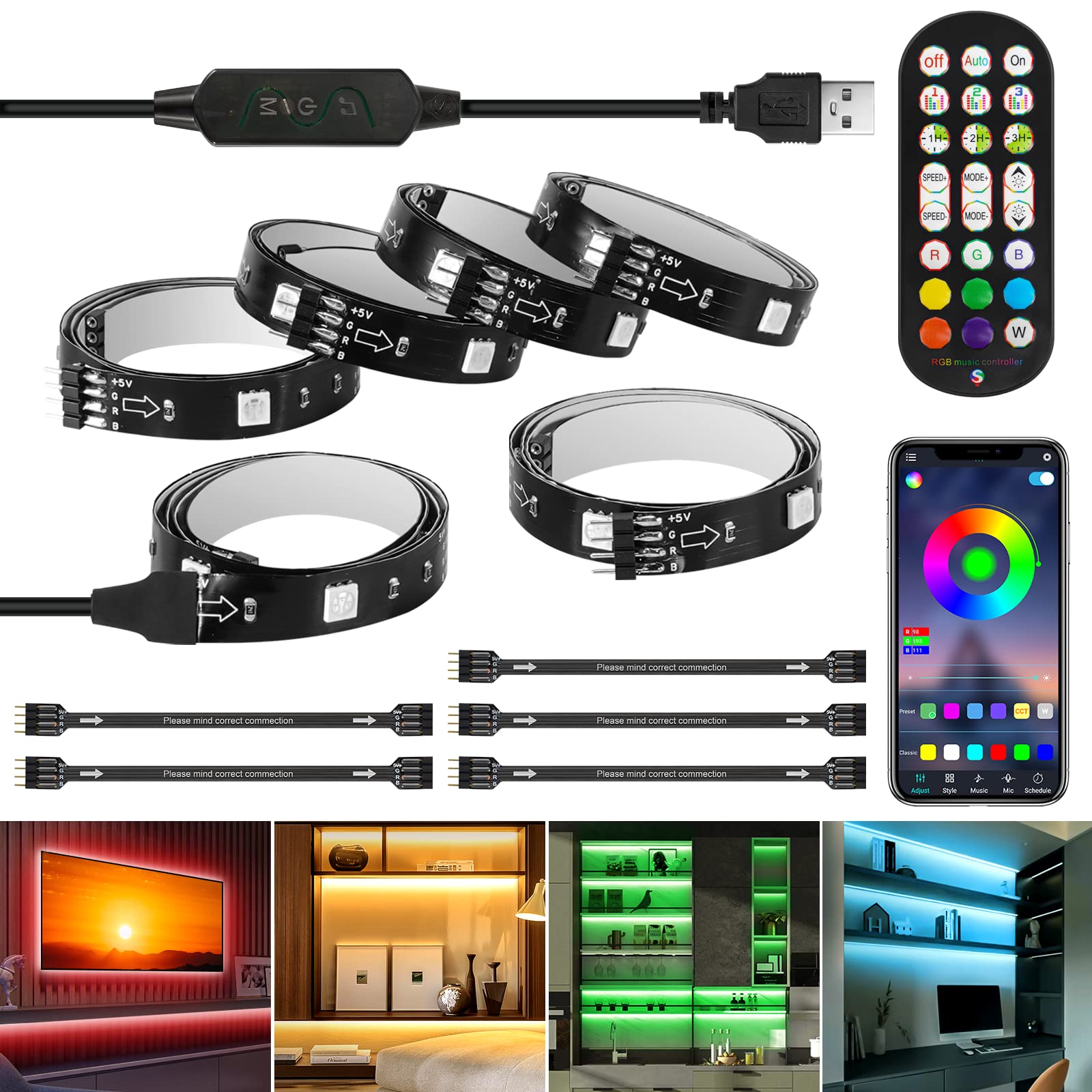 RGB LED Strip Lights for TV - 10ft App & Remote Control, Music Sync - Perfect for Bedroom & PC Monitor