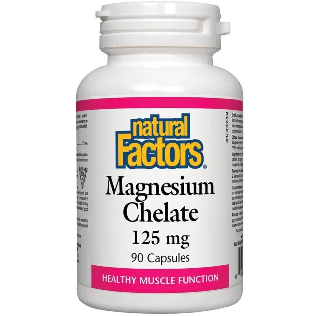 Natural Factors Magnesium Chelate 125mg - 90 Capsules for Stress Relief, Muscle Relaxation & Better Sleep - High Absorption Supplement for Heart Health & Energy Boost