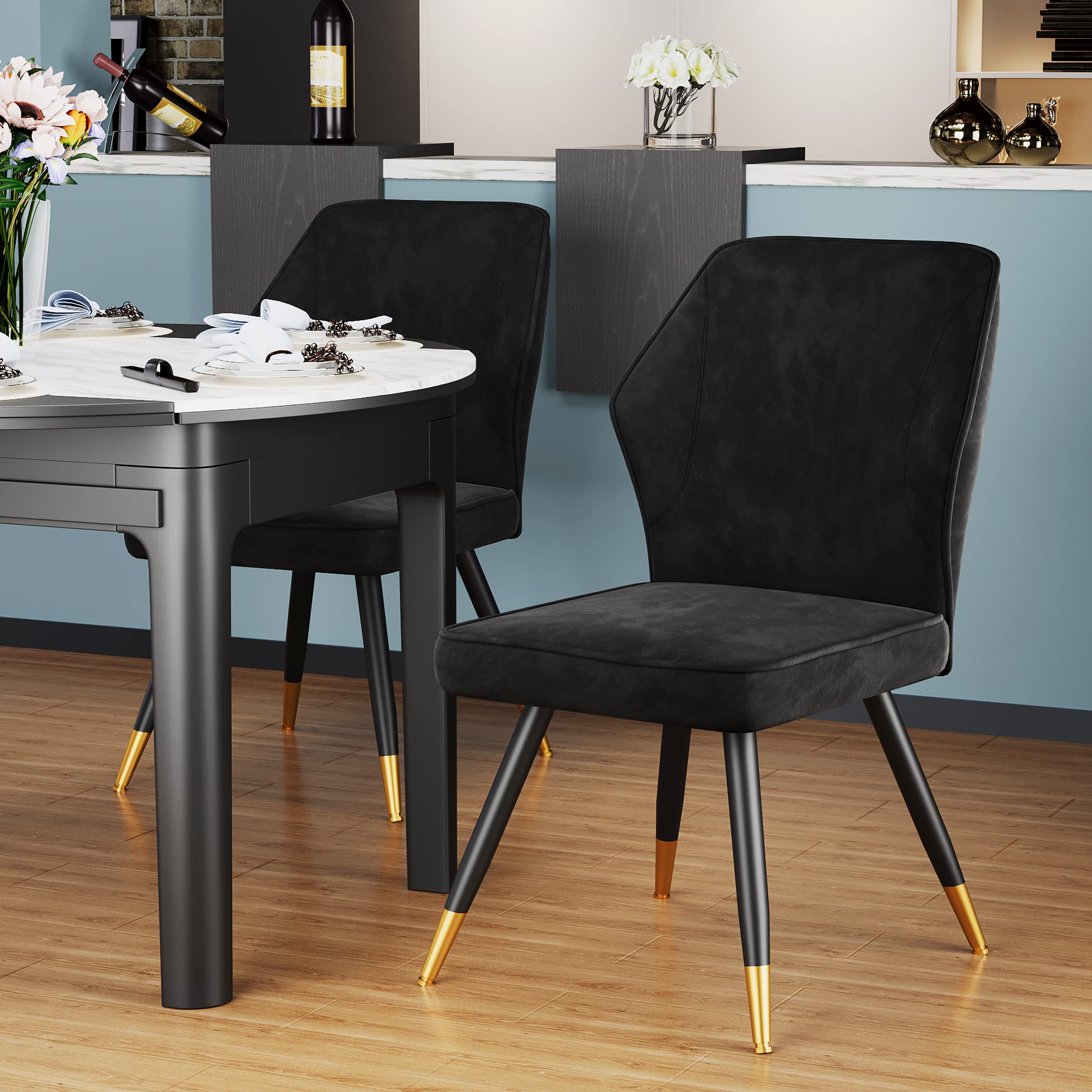 Black Velvet Dining Chairs Set of 2 - Modern Upholstered Kitchen & Living Room Accent Chairs, Armless Side Chairs for Dining Room, Home Decor | Perfect for Small Spaces, Apartments & Cozy Gatherings