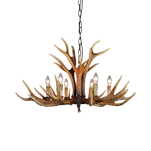 Vintage Antler Chandelier with LED Lights - Rustic Country Style Resin Candle Pendant Lamp (6-Light) for Dining Room, Living Room, Cafe & Restaurant Decor | Perfect for Cabin, Lodge, and Western-Themed Interior Design