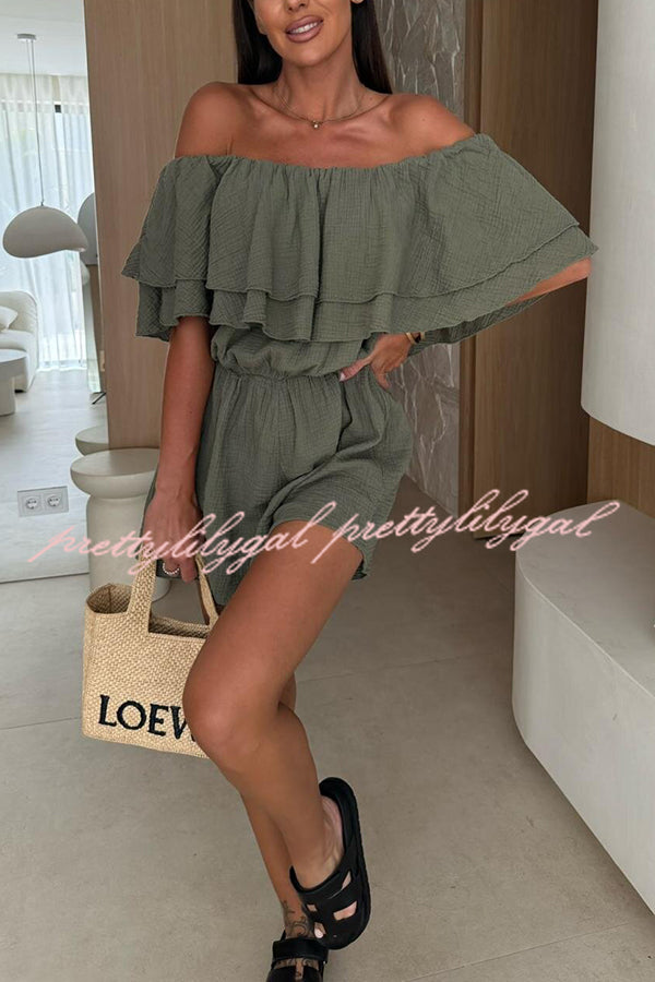 Solid Color Off Shoulder Ruffled Casual Waist Rompers for Women - Summer Beach Party Outfit & Vacation Jumpsuit