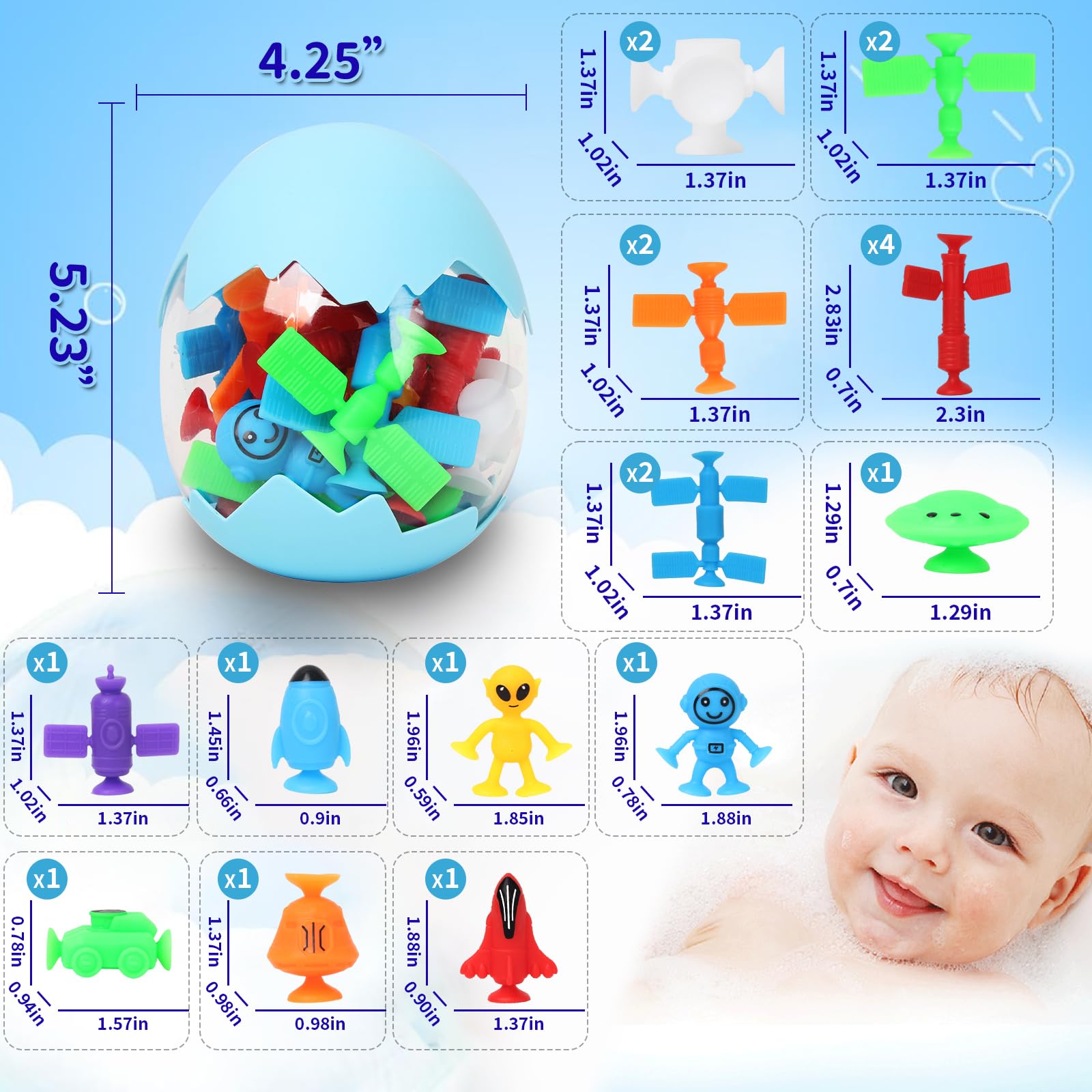 20-Piece Outer Space Bath Toys for Kids - No Hole Sensory Suction Cup Toys with Eggshell & Storage Bag, Fun Building Window Play for Toddlers Boys & Girls Ages 3-6 - Perfect for Bathtime Fun & Early Learning Development