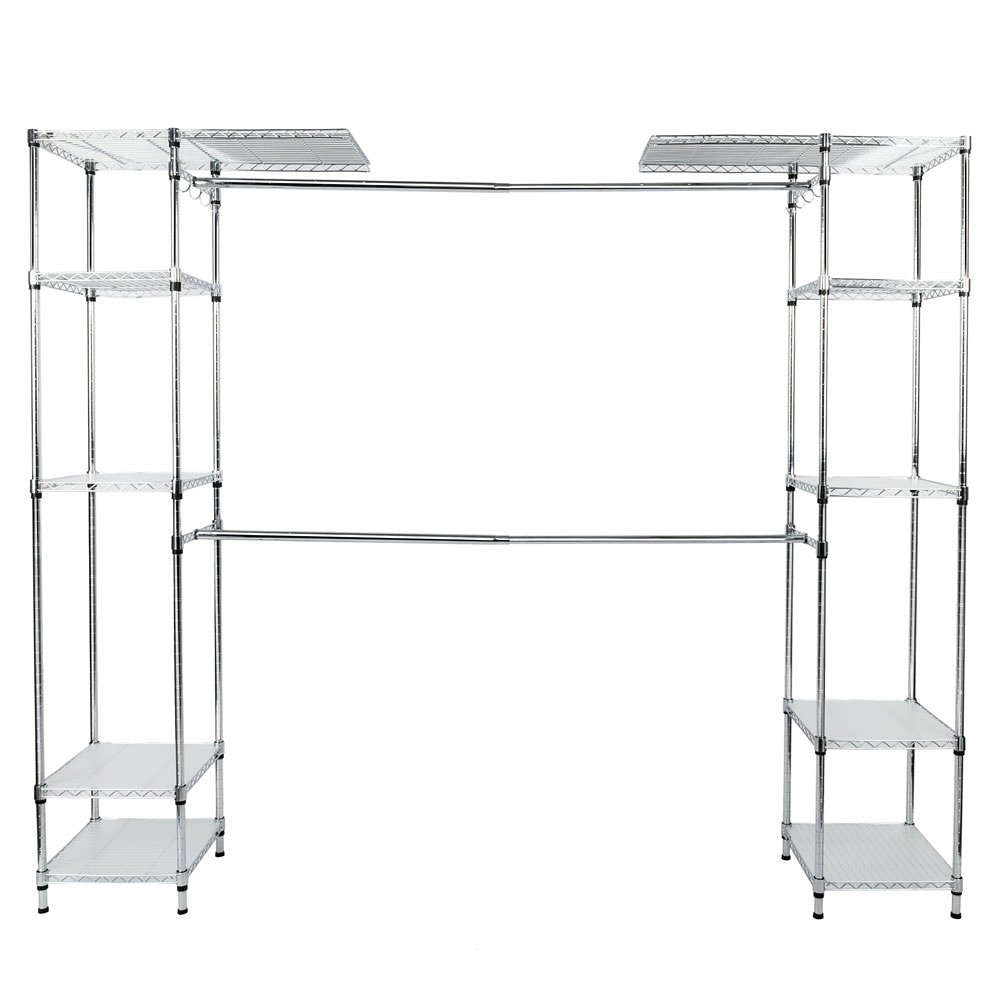 Expandable Clothes Storage Metal Rack - Double Rod Closet Organizer with Adjustable Shelves (58