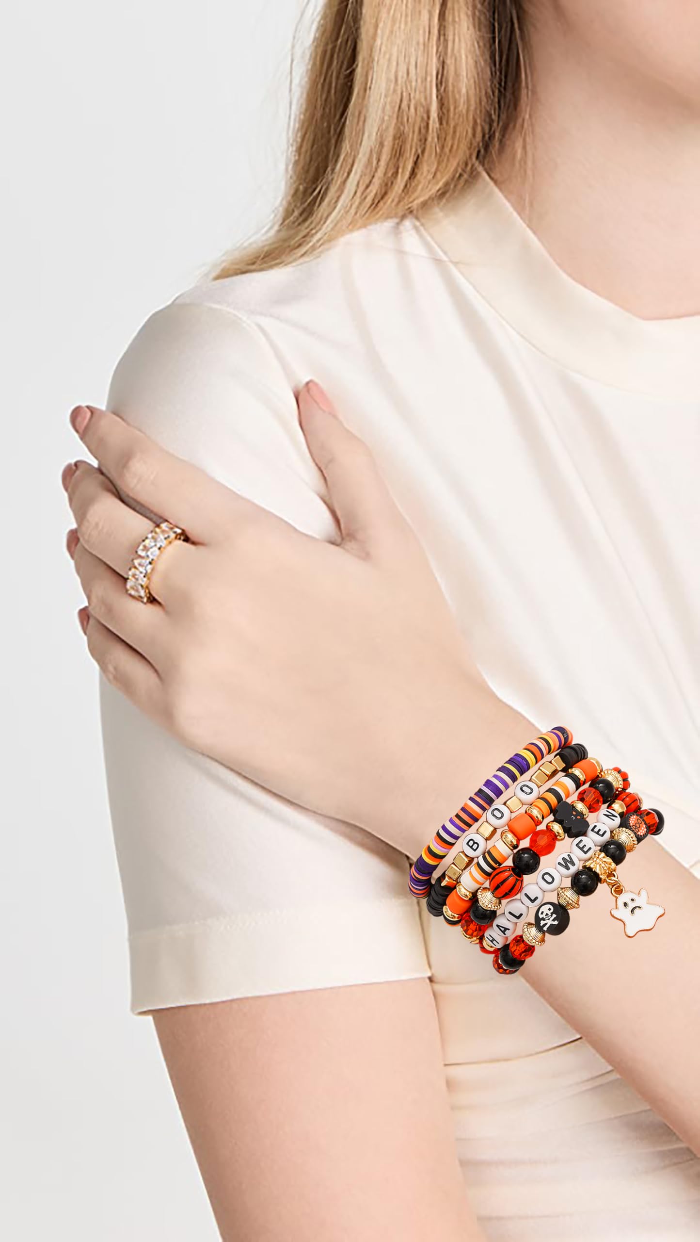 Women's Summer Surfer Heishi Beaded Bracelet Set - Stackable Gold Clay Polymer Stretch Bracelets for Layering - Perfect for Beach, Vacation & Boho Fashion Jewelry