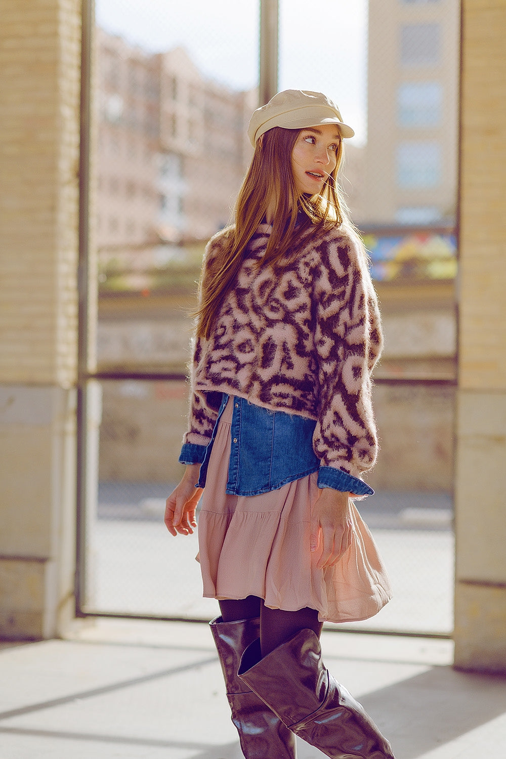 Women's Pink Leopard Print Pullover Knit Wool Sweater - Cozy Winter Fashion for Casual Outings & Office Wear