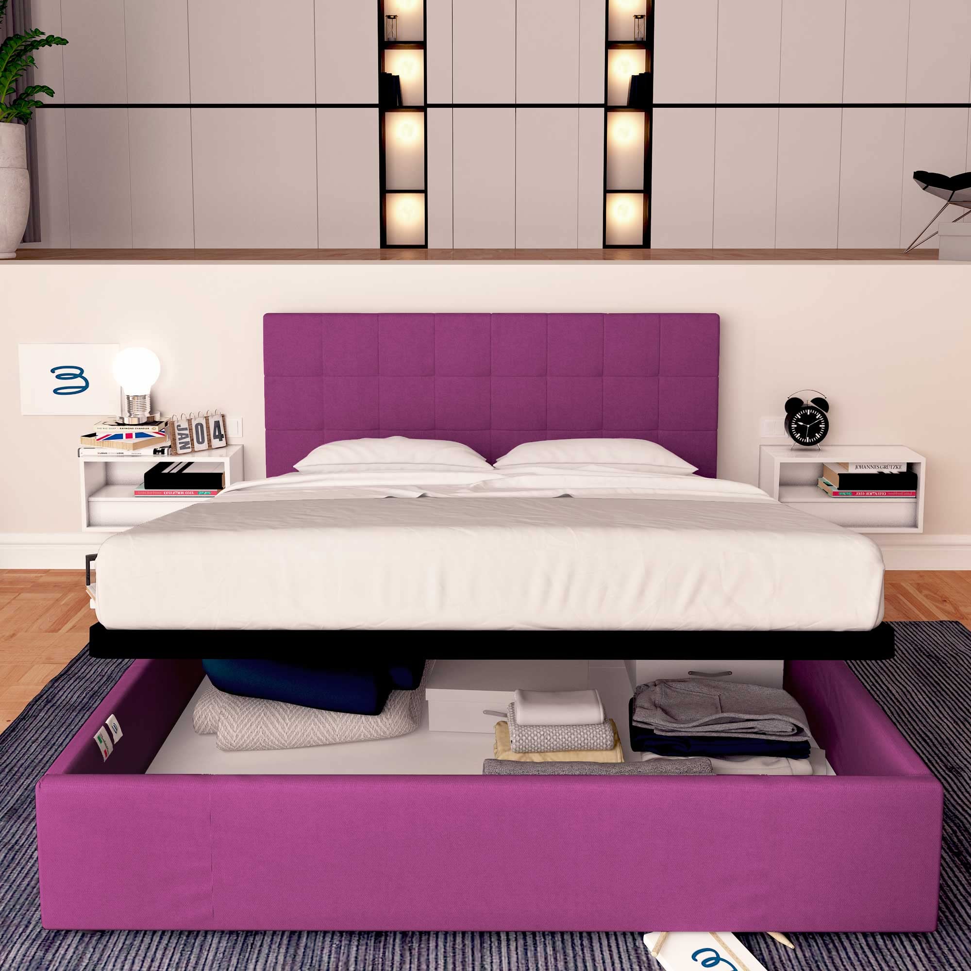 Baldiflex Dublin Fabric Double Bed with Storage, Slatted Base for Single Mattresses, 160x190cm, Elegant Headboard, Fuchsia Color - Perfect for Small Bedrooms & Guest Rooms