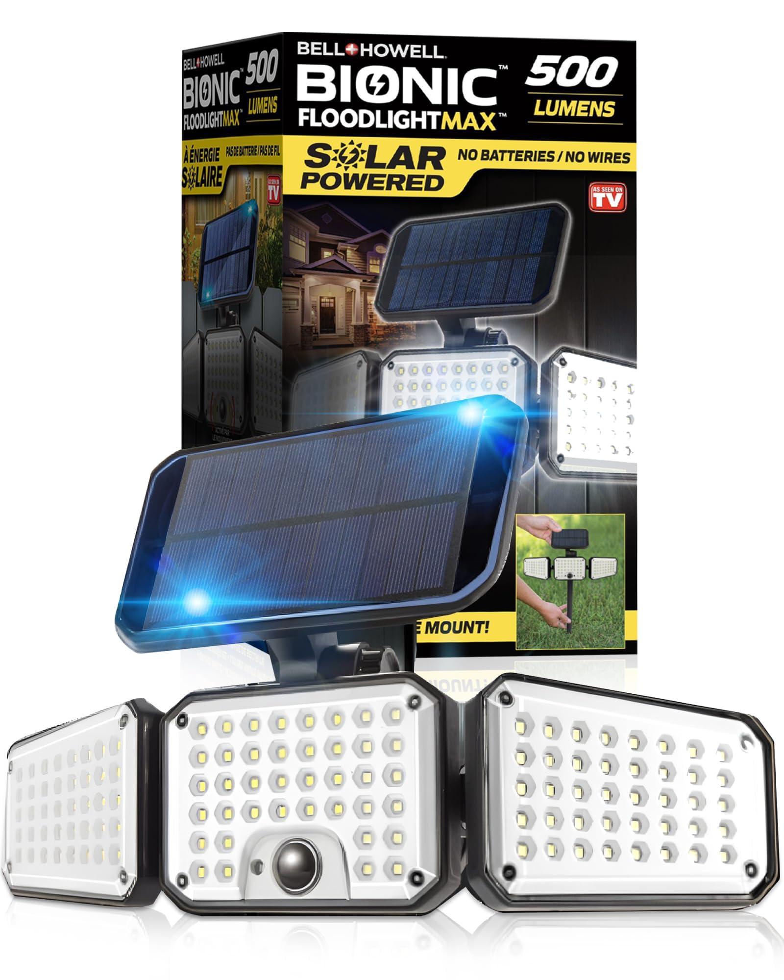 Bell+Howell Bionic Flood Light - 500 Lumen Solar LED Outdoor Security Light with Motion Sensor, Waterproof & 360° 3-Panel Design - Perfect for Driveway, Garden, Backyard, and Patio Lighting