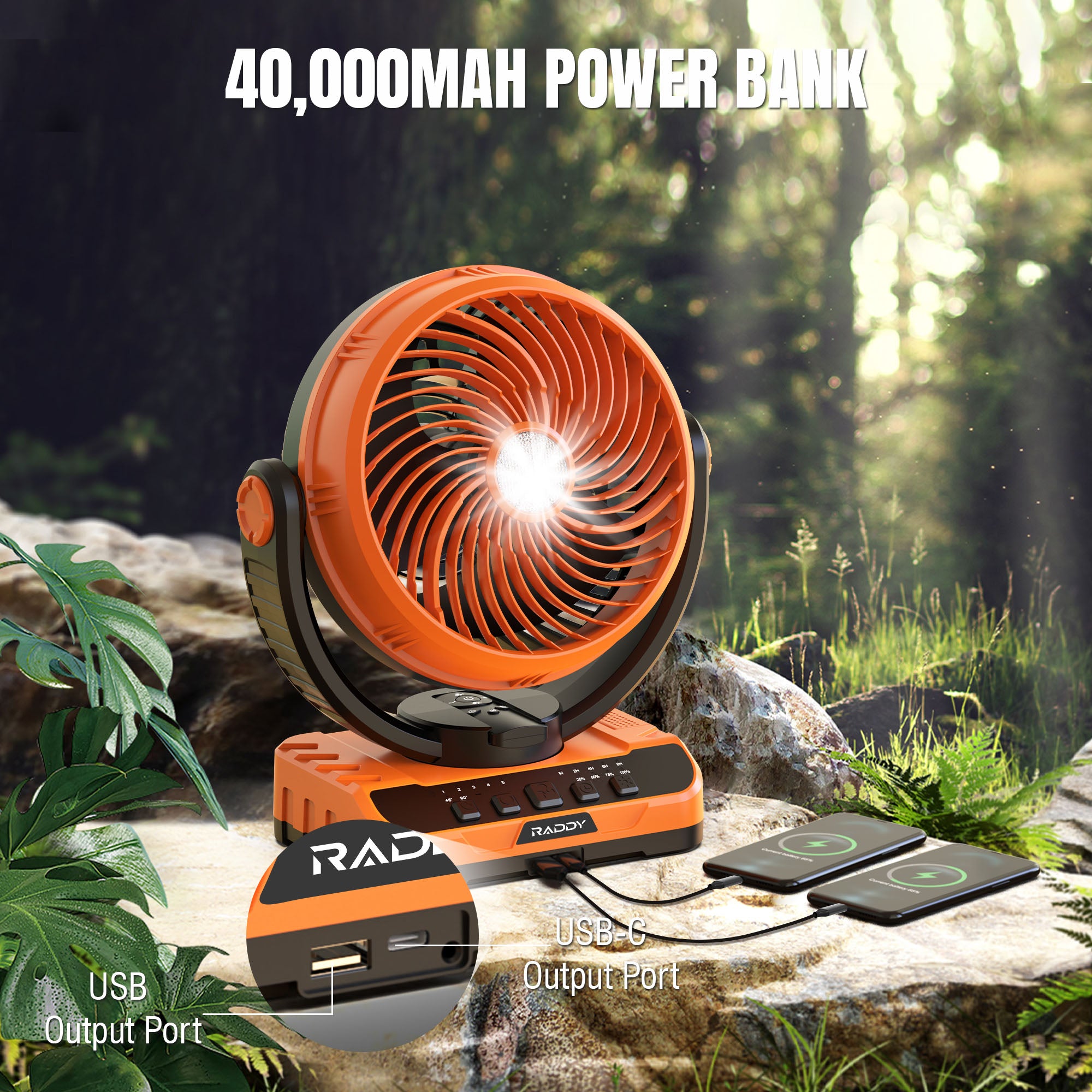 Raddy CF5 Rechargeable Camping Fan with 40,000mAh Battery, LED Light & Remote Control - 5 Speed Settings, Auto Oscillation, USB C Charging & 3 Light Modes - Perfect for Outdoor Camping, Hiking, Backyard, and Emergency Power Outages