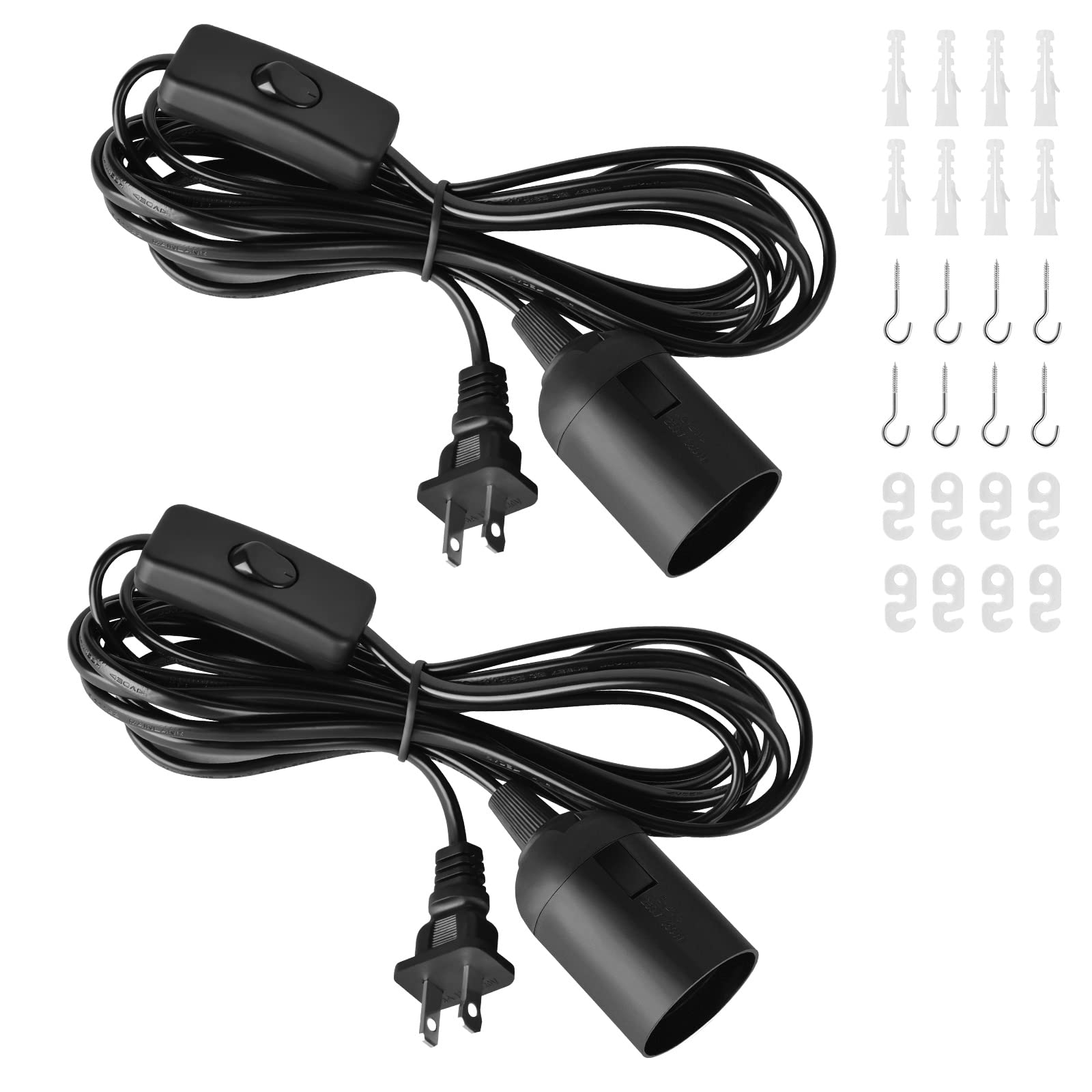 12Ft E26 Light Socket Extension Cord 2-Pack with On/Off Switch - Hanging Pendant Lamp Cord for Kitchen, Bedroom, Plant Growth Lights - Durable 2-Prong Plug for Indoor & Outdoor Lighting Decor