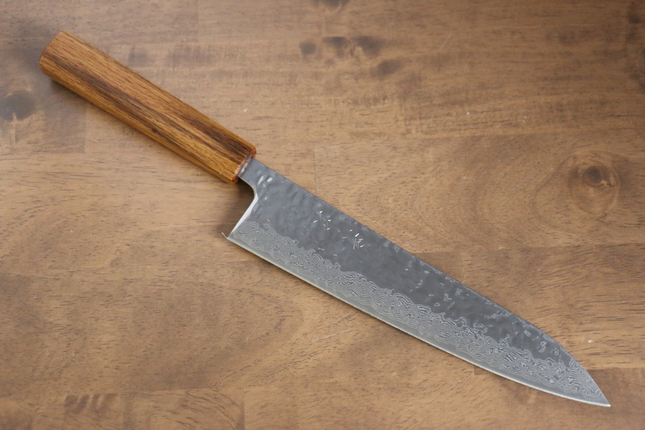 Premium AUS10 Damascus Gyuto Knife 210mm - Hand-Forged Hammered Finish with Oak Handle - Perfect for Professional Chefs & Home Cooking