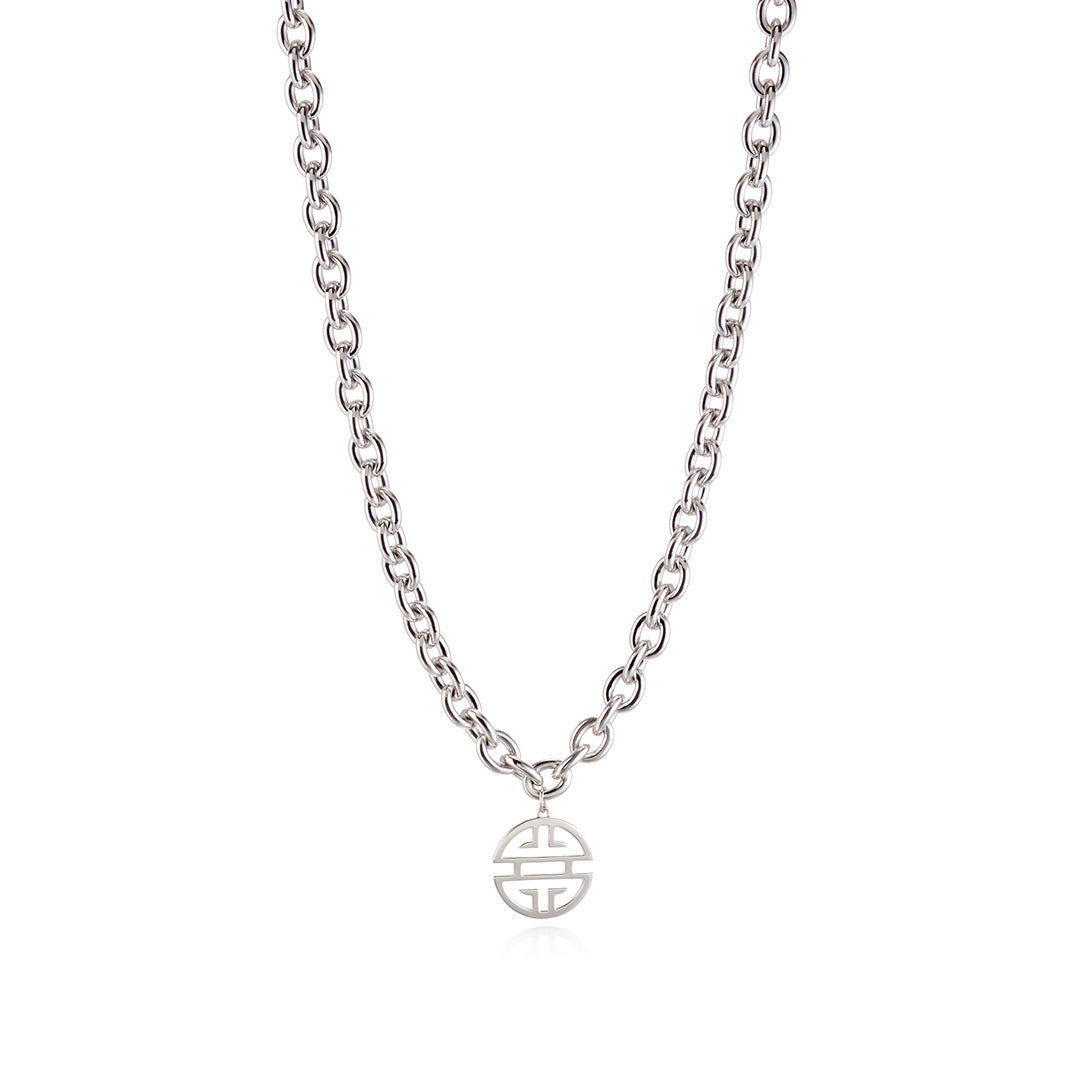 Silver Chunky Link Necklace with Longevity Pendant - Elegant Statement Jewelry for Women, Perfect for Parties, Weddings & Everyday Wear