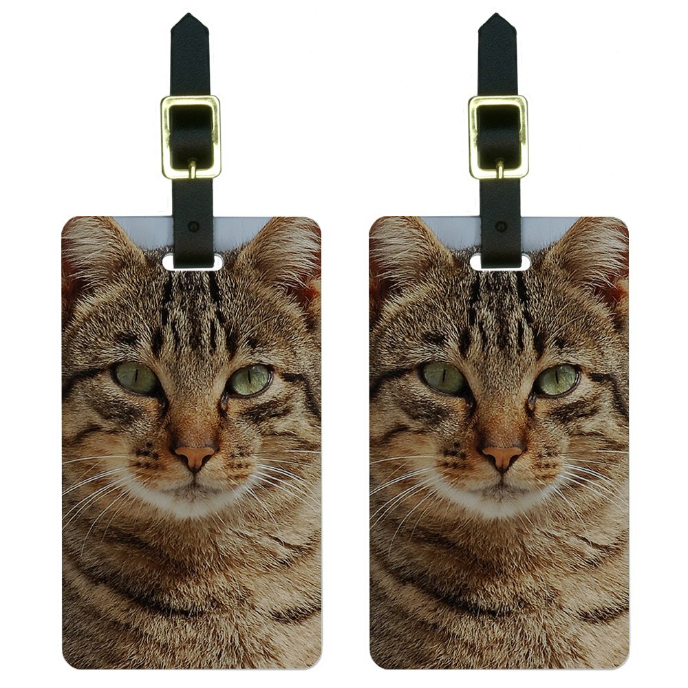Brown Tabby Cat Face Luggage Tags - Cute Suitcase ID Tags for Travel Bags & Carry-Ons | Durable Pet-Themed Luggage Accessories for Airports & Vacations