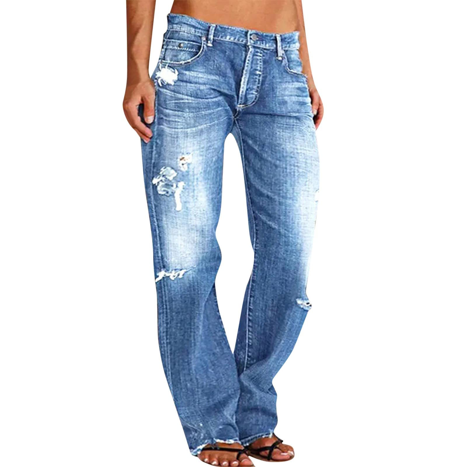 Women's Stretchy Ripped Flare Jeans - Raw Hem Bell Bottom & Bootcut Boyfriend Jeans in Dark Wash | Perfect for Casual Outfits, Night Out & Retro Fashion