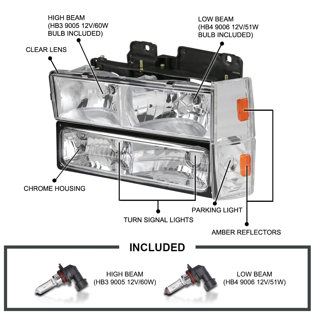 Spec-D Tuning Chrome Headlights, Bumper Lights & Corner Lights for 1988-1993 Chevy C10 Pickup C/K 1500 2500 3500 Silverado Sierra - Left & Right Headlamp Assembly - Upgrade Your Truck's Style & Night Visibility (Perfect for Off-Roading, Night Driving & Car Shows)