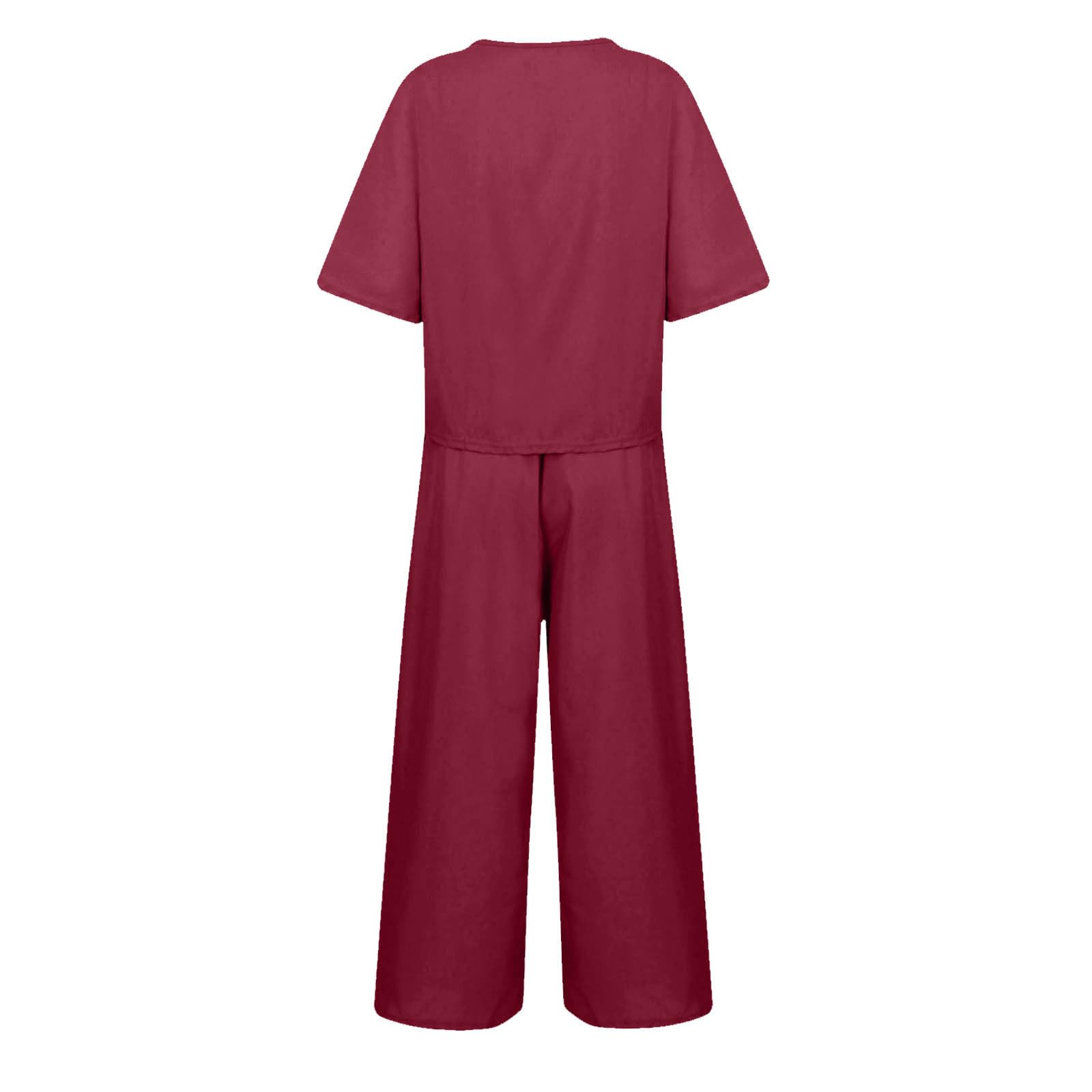 Binmer Women's 2-Piece Linen Lounge Set - Summer Short Sleeve Top & Belted Wide Leg Pants Outfit | Casual Comfort Wear for Home, Travel & Yoga