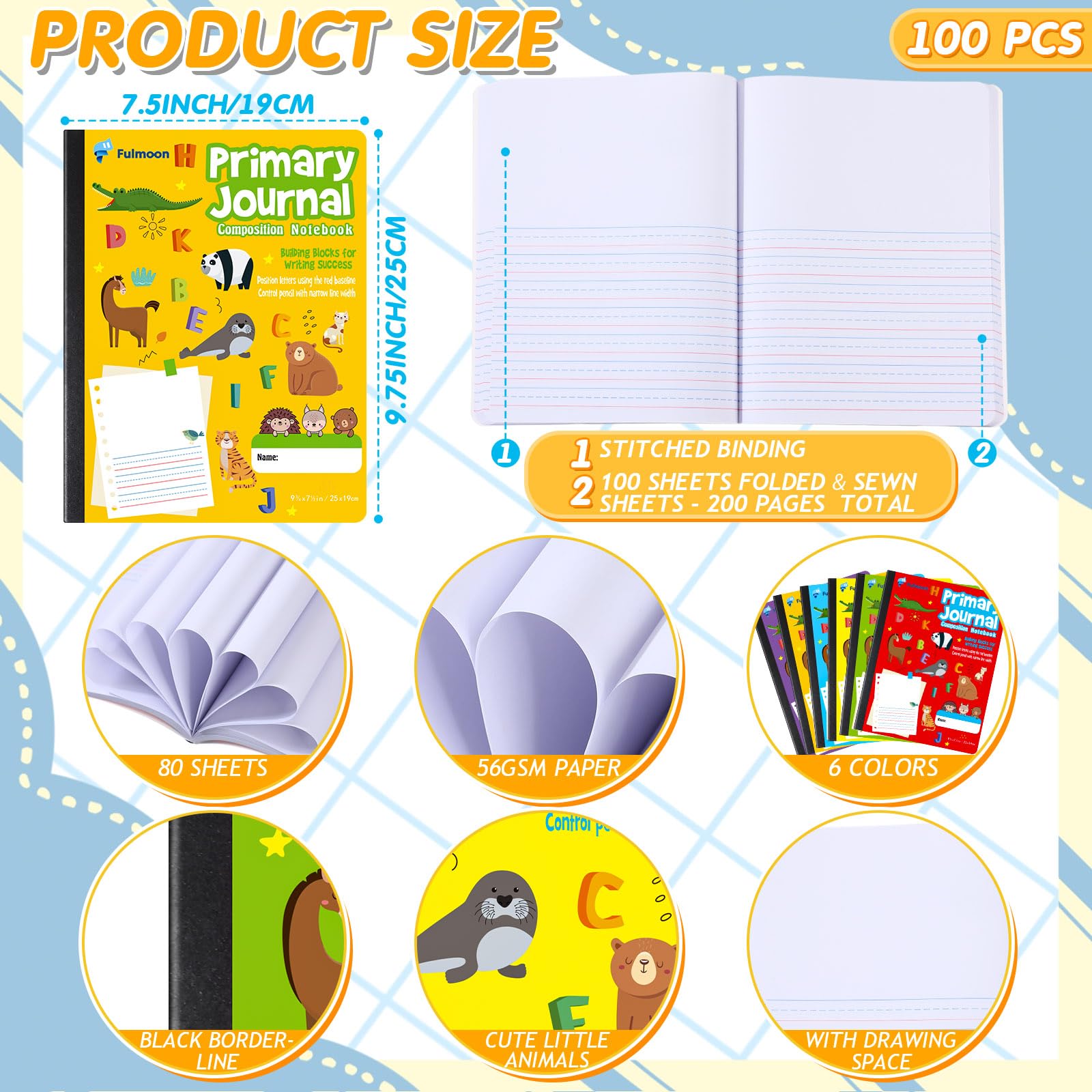 Fulmoon 100 Pcs Primary Composition Notebook K-2 with Picture Space - Draw and Write Journal for Kids, Preschool Classroom Supplies, 80 Sheets Multicolor - Perfect for Kindergarten Writing Practice, Homeschooling & Creative Storytelling