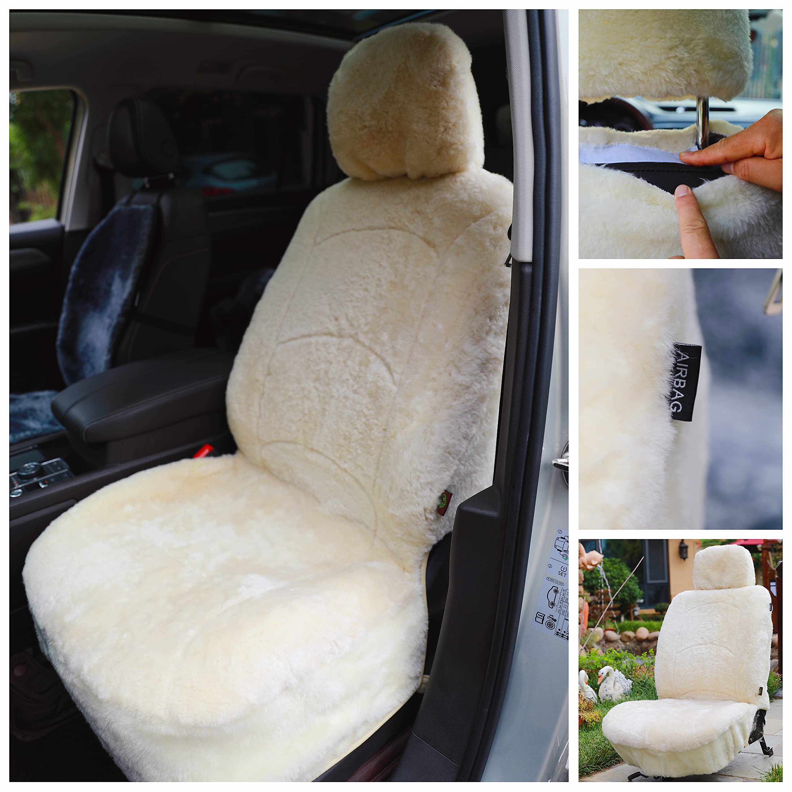 Genuine Sheepskin Car Seat Covers - Premium Lambskin Winter Seat Covers with Fuzzy Shearling & Curved Design (Beige) | Soft & Warm Front Seat Protectors for Cars, Trucks & SUVs - Perfect for Cold Weather Commuting & Road Trips