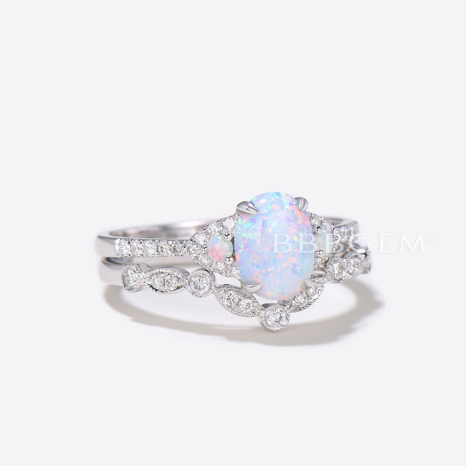 Three Stone Oval Opal Wedding Engagement Ring Set in Rose Gold with Diamond Matching Band - Perfect for Proposals, Anniversaries & Bridal Jewelry