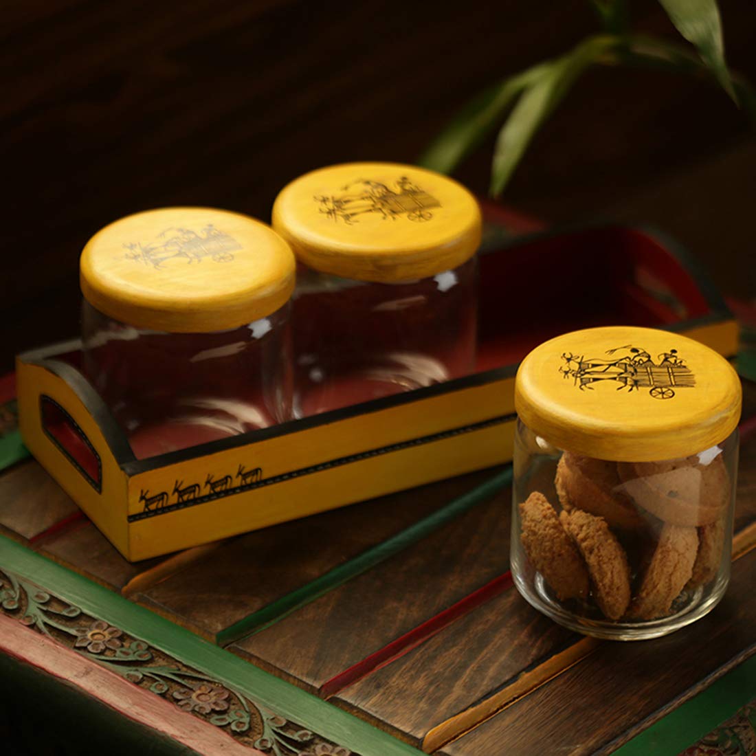 Warli Handpainted Glass Snack Jars Set - 4-Piece Airtight Containers with Lids & Tray for Kitchen Storage & Cookie Display