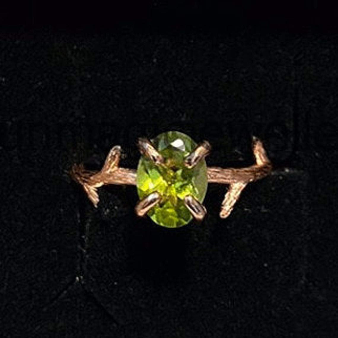 925 Sterling Silver Rose Gold Twig Ring with August Birthstone Peridot - Elegant Gemstone Engagement Ring for Women, Perfect for Anniversary, Wedding & Everyday Wear