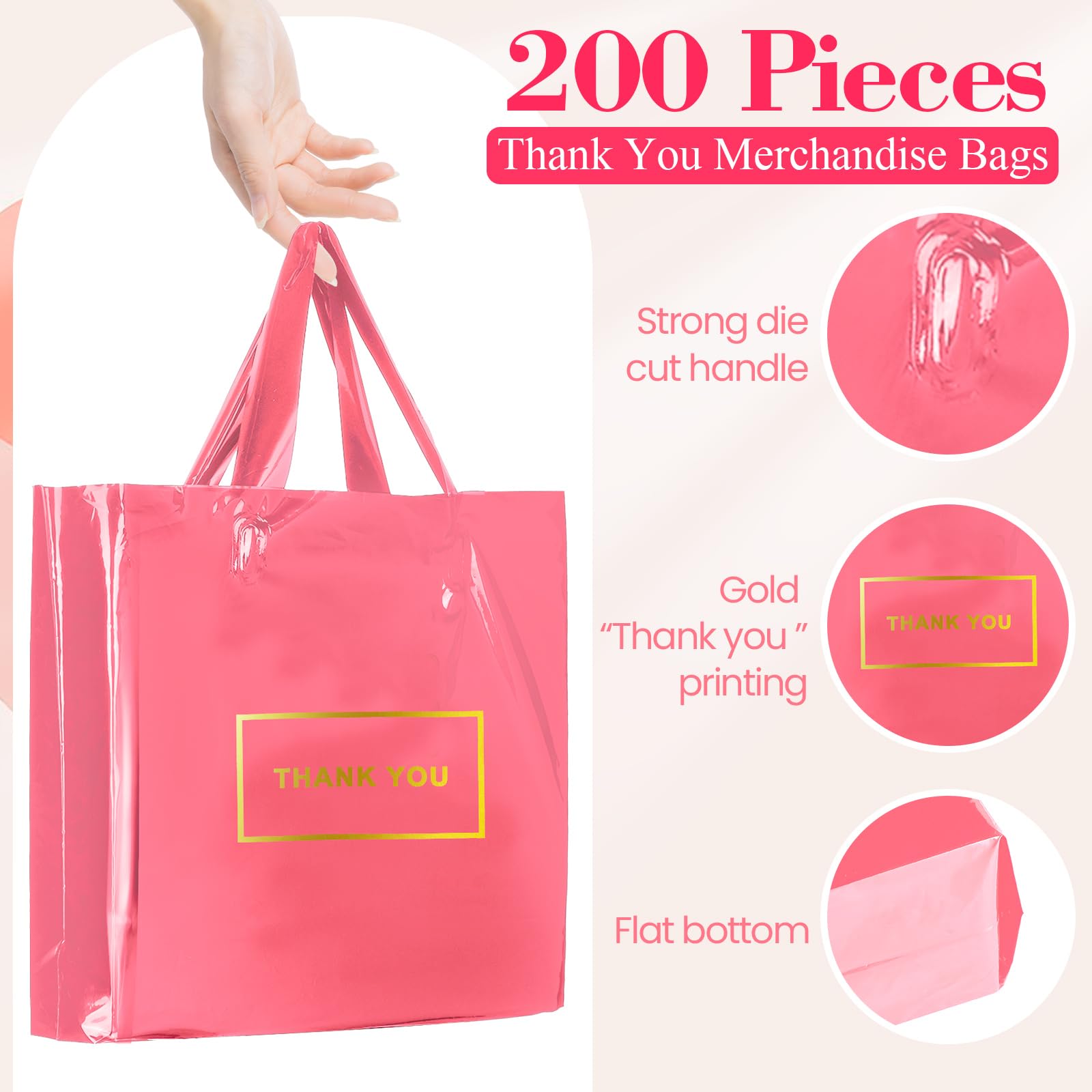200 Pcs Pink Thank You Plastic Bags Bulk - 9x12