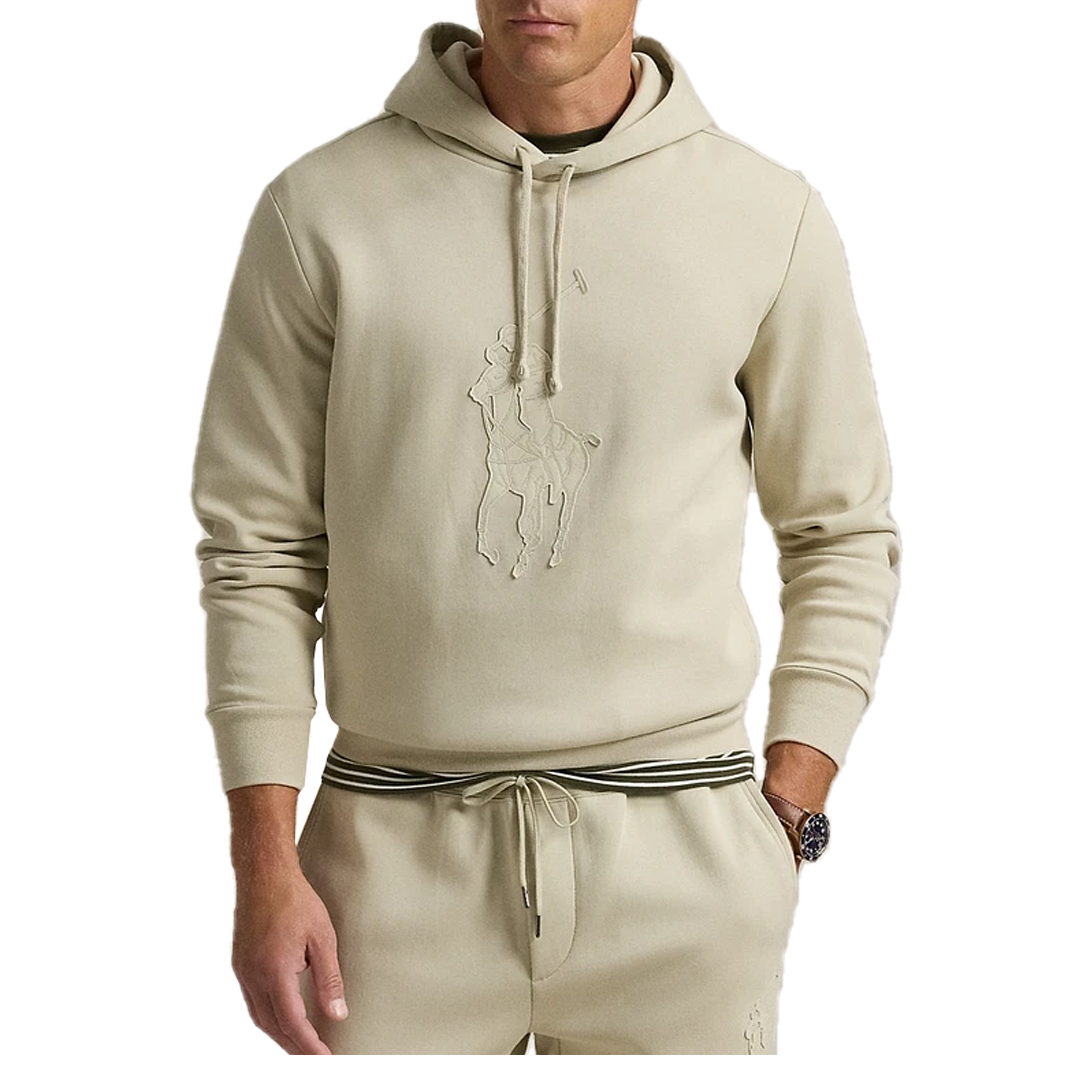 LEATHER BIG PONY FLEECE HOODIE BEIGE - Warm Winter Pullover for Men & Women | Cozy Outdoor Activities & Casual Wear