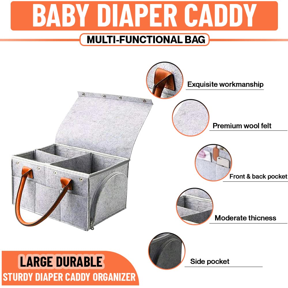 Portable Baby Diaper Caddy Organizer with Lid & Removable Dividers - Multi-Purpose Storage Basket for Nursery, Car & Travel - Perfect Baby Shower Gift & Registry Essential for New Parents
