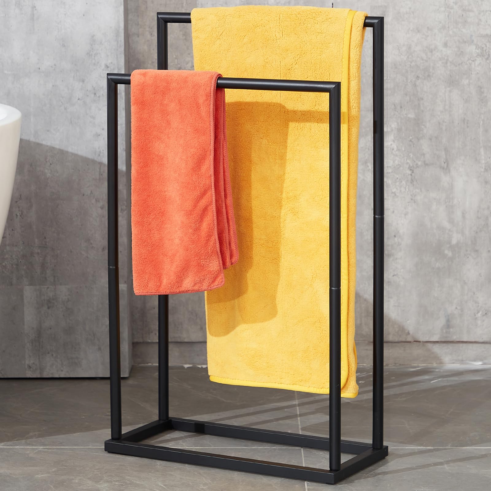 2-Tier Free Standing Towel Rack with Storage Shelves - Modern Bathroom & Poolside Drying Rack - Black Blanket Holder for Home, Spa, and Outdoor Use - DECLUTTR