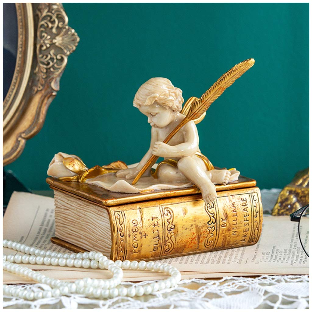 Vintage Resin Jewelry Box - Small Antique Treasure Chest Organizer for Rings, Earrings, Necklaces & Keepsakes - Golden Book Angel Design - Perfect for Gift Giving, Travel & Home Decor Storage