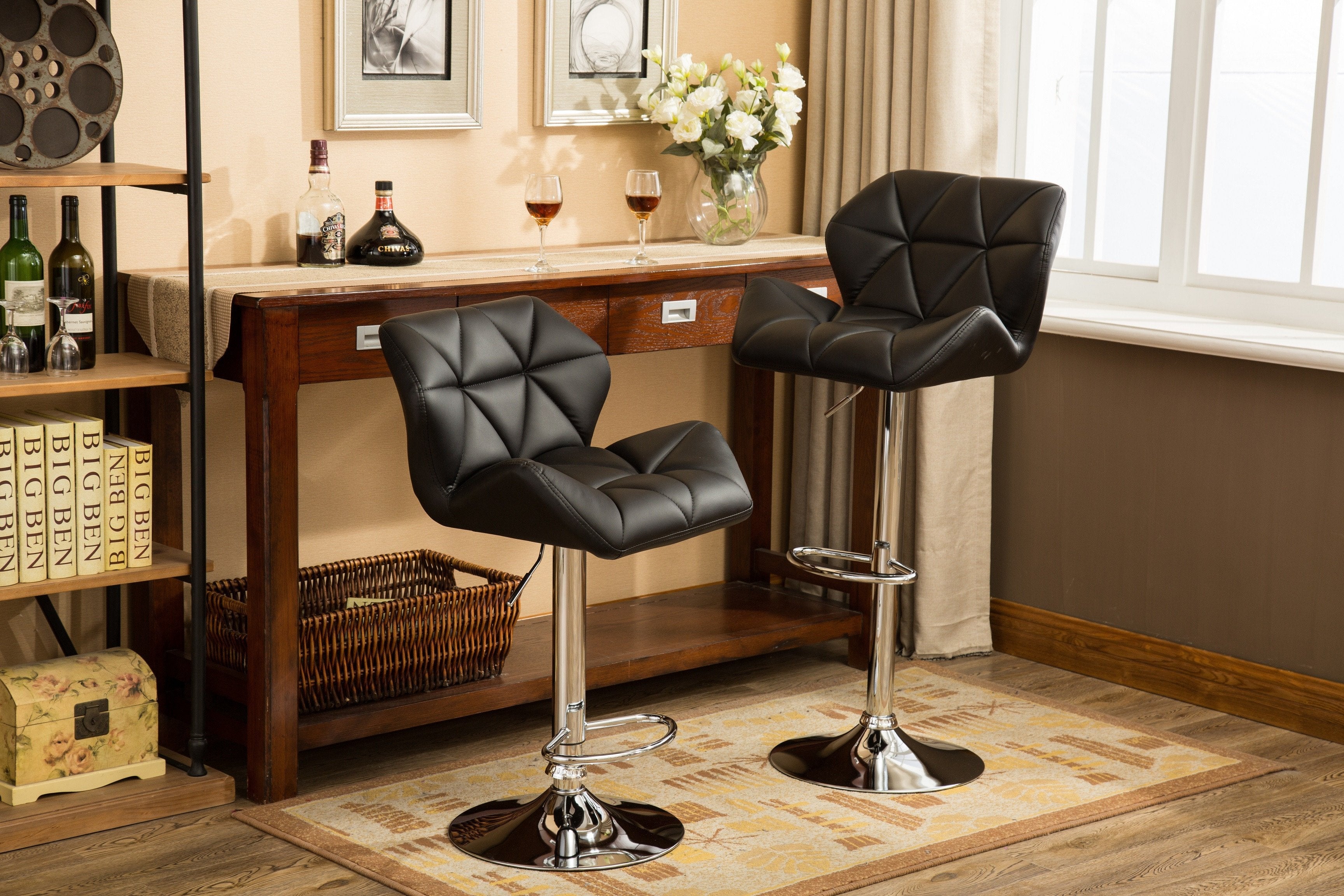 Roundhill Furniture Glasgow Contemporary Tufted Adjustable Height Hydraulic Bar Stools, Black, Set of 2 - Perfect for Kitchen Islands, Home Bars & Modern Dining Areas