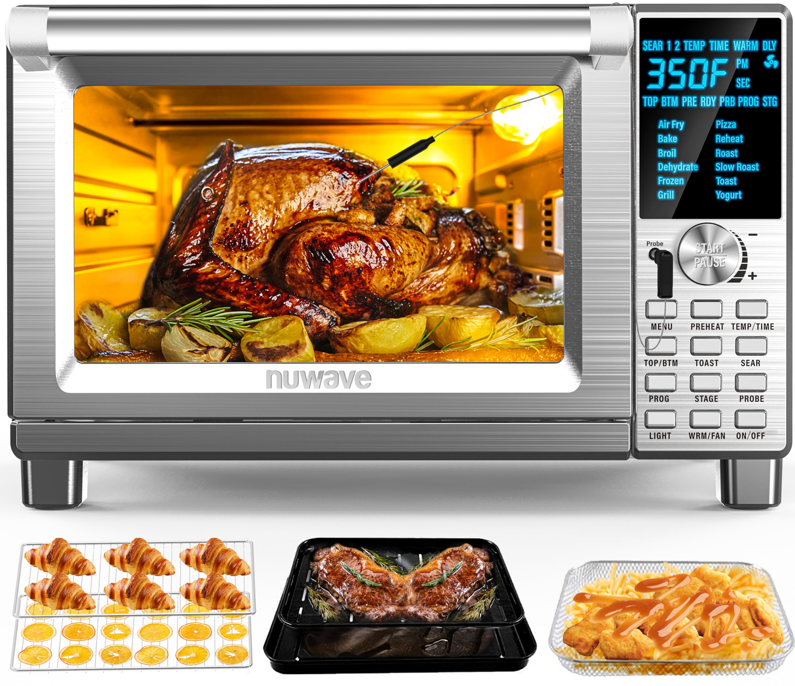 Nuwave Bravo 12-in-1 Air Fryer Toaster Oven with Convection - 30 Quart XL Capacity, 50°F to 500°F Temperature Control, Adjustable Top & Bottom Heaters (0%-100%), Brushed Stainless Steel - Perfect for Baking, Roasting & Air Frying in Small Kitchens