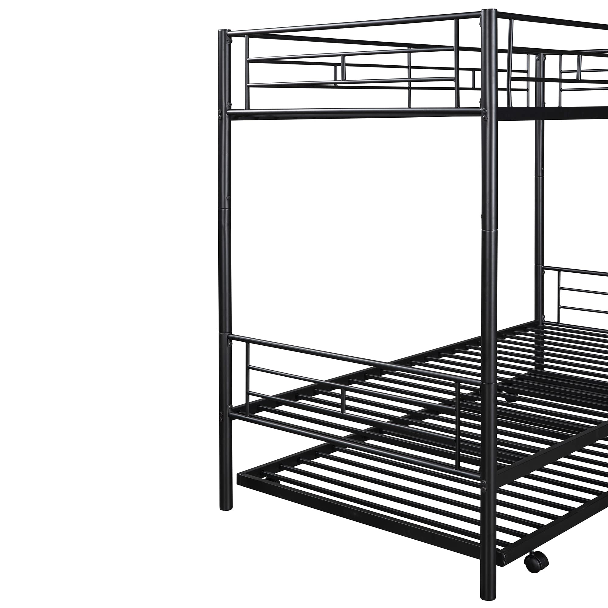 Merax Heavy Duty Twin Over Twin Metal Bunk Bed with Trundle & Removable Ladder - Converts to 2 Separate Beds, No Box Spring Required (Black) - Perfect for Kids' Rooms, Guest Rooms & Space-Saving Solutions