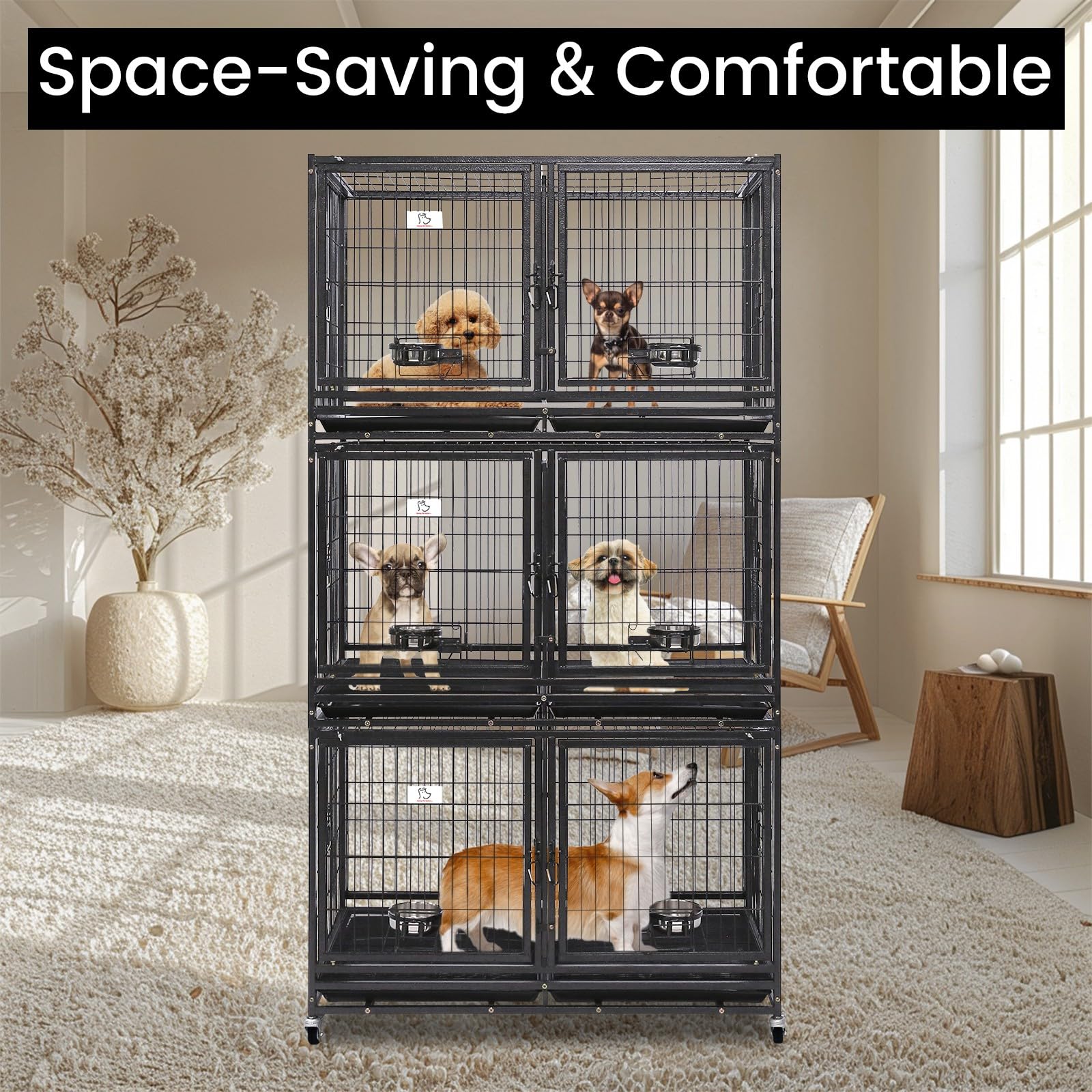 43 Inch Heavy Duty Stackable 3-Tier Dog Crate Kennel with Feeding Doors, Divider & Tray - Durable Pet Cage for Grooming, Training & Travel - Perfect for Large Breed Dogs at Home or Vet Clinics