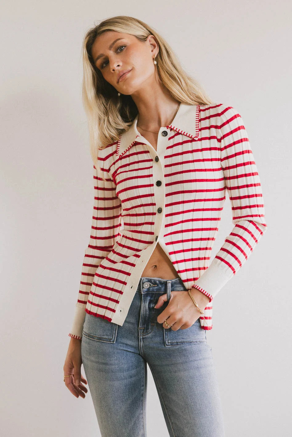 Harrison Women's Striped Collared Shirt - Long Sleeve Button Down Blouse in Red | Casual Office Wear & Spring Outfits